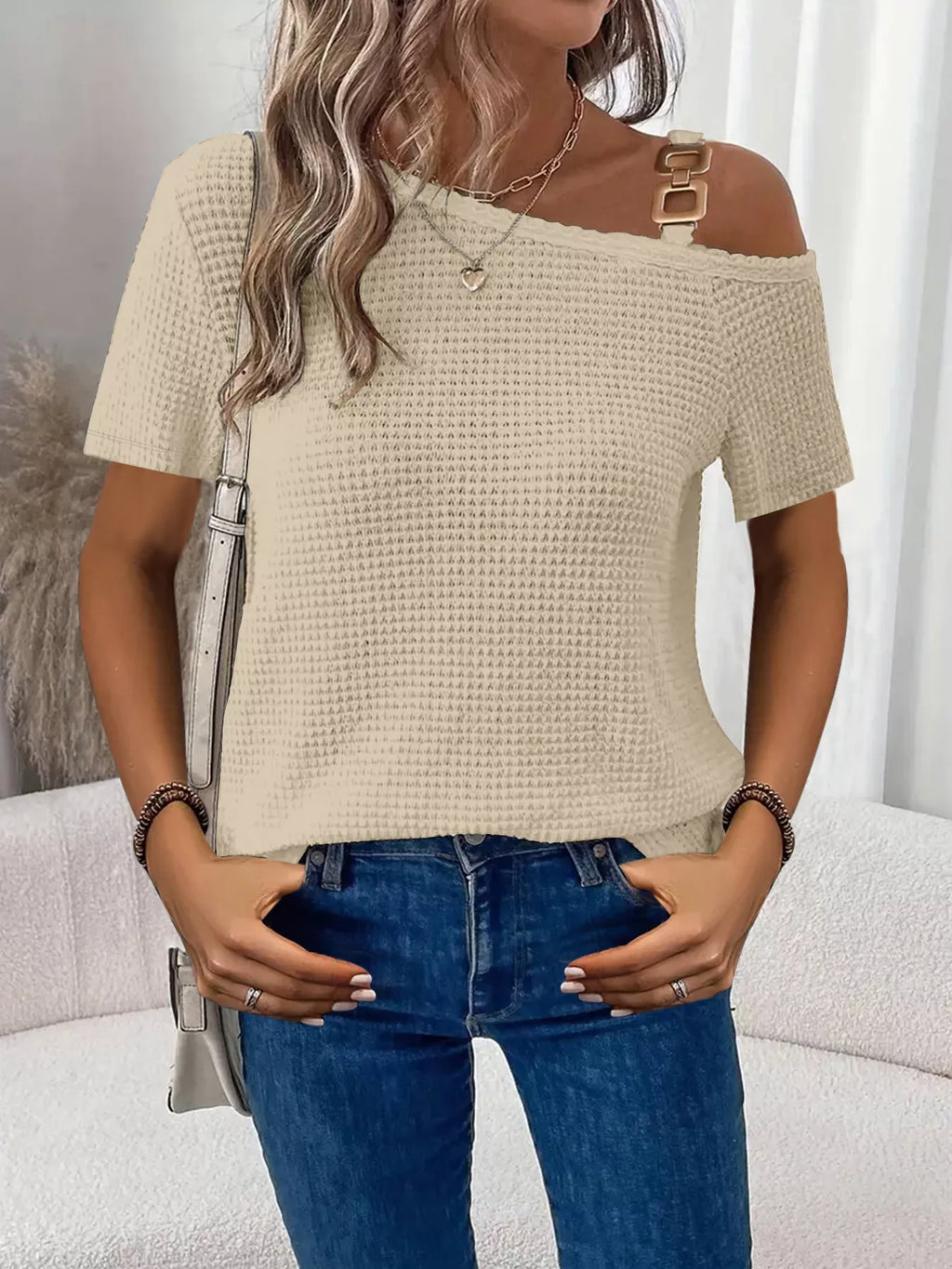 One-Shoulder Chain Detail Waffle Knit T-Shirt in beige, off-shoulder neckline with chunky chain-strap detail