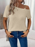 One-Shoulder Chain Detail Waffle Knit T-Shirt in beige, off-shoulder neckline with chunky chain-strap detail