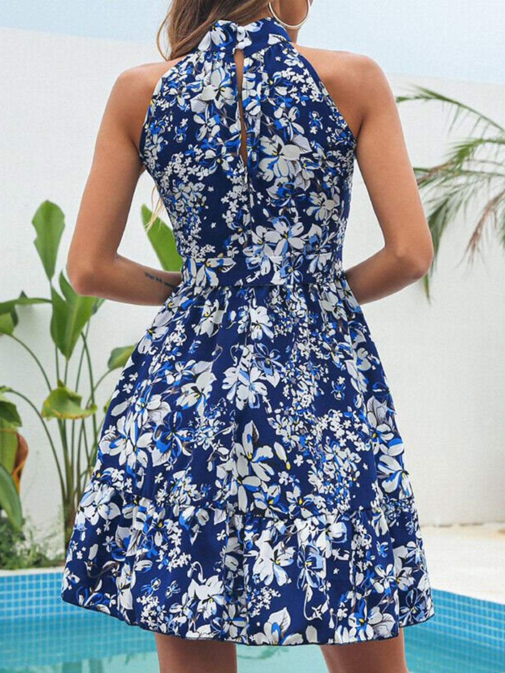 Floral Print Halter Neck Mini Dress blue with white flowers; tied back, ruffled details