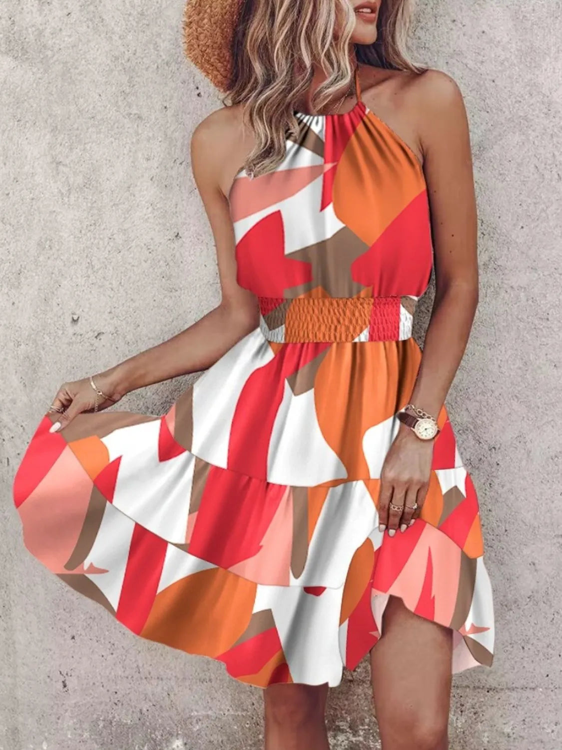 Paisley print halter-neck mini dress with smocked waist and ruffled skirt