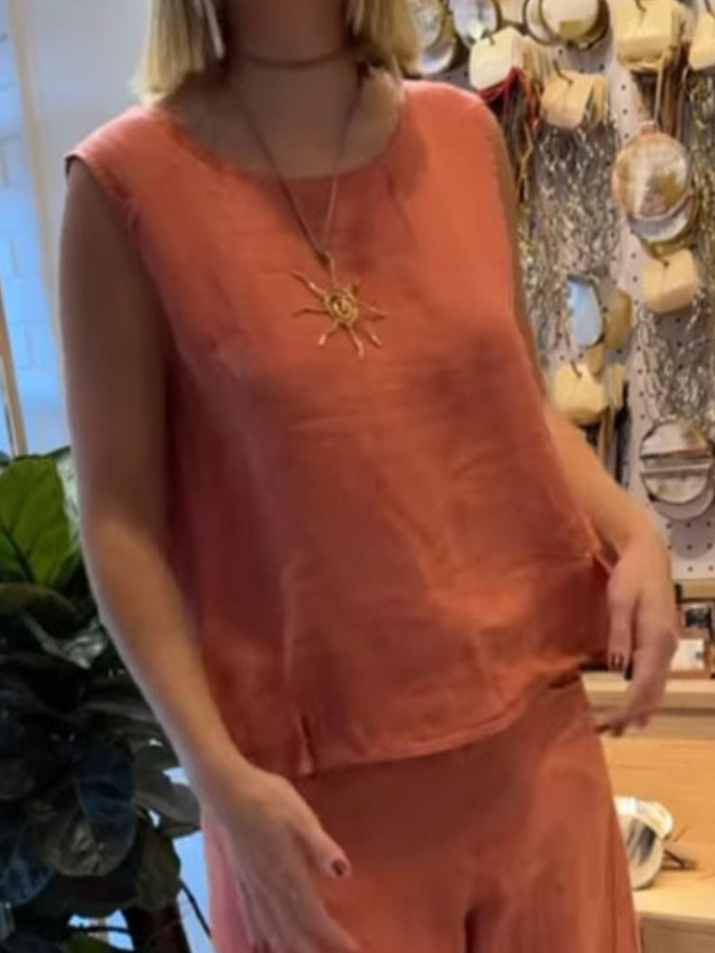 Full-size round-neck tank and pants set in coral, plus size