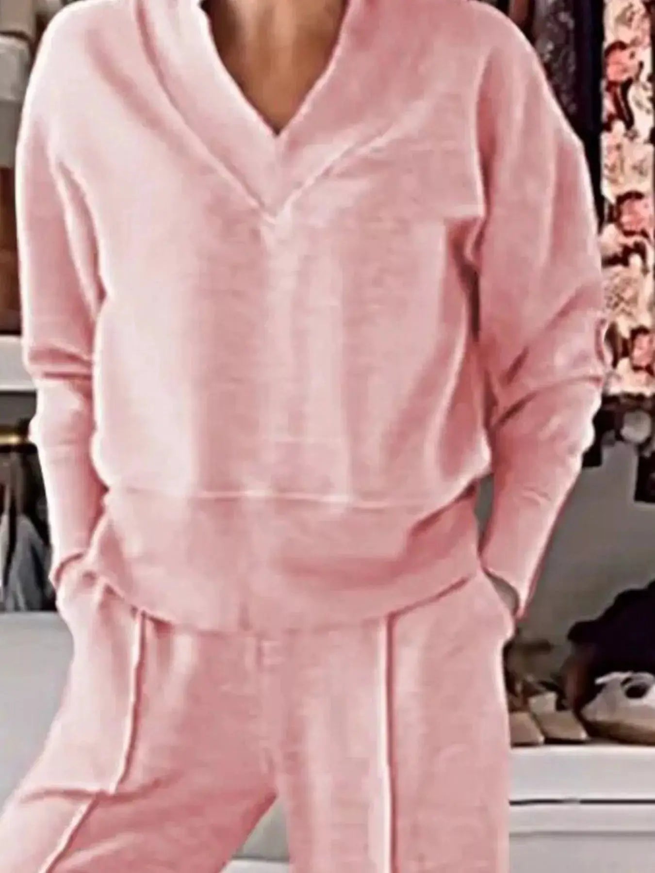 Full Size Cozy V-Neck Top and Pants Set Plus Size pink loungewear with pockets