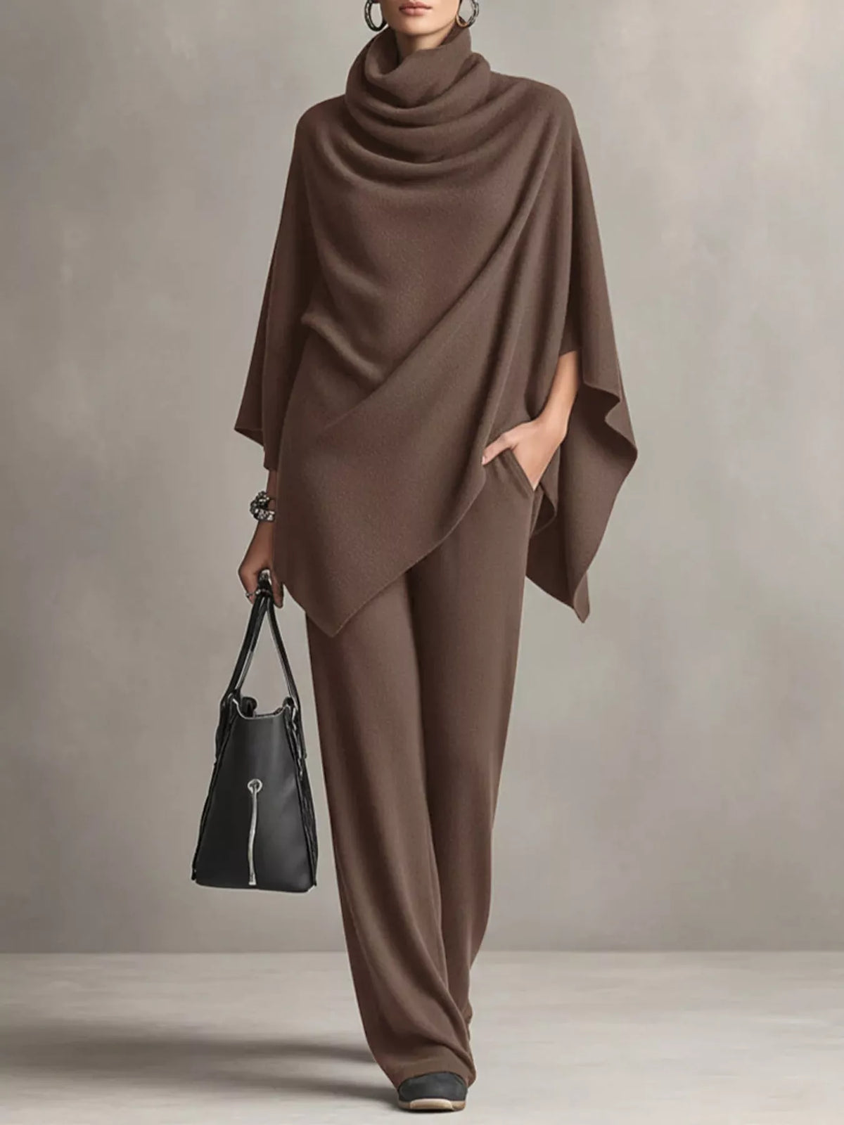 Turtleneck Poncho & Wide-Leg Pants Set in Light Coffee by Belle Bijouix – view 5 of 24