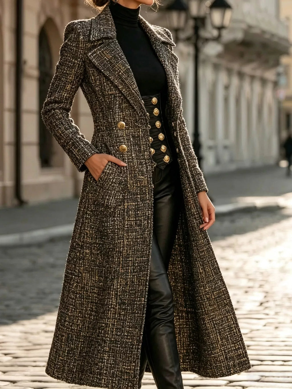 Tweed Double-Breasted Longline Coat in Heather Gray by Belle Bijouix – view 2 of 4