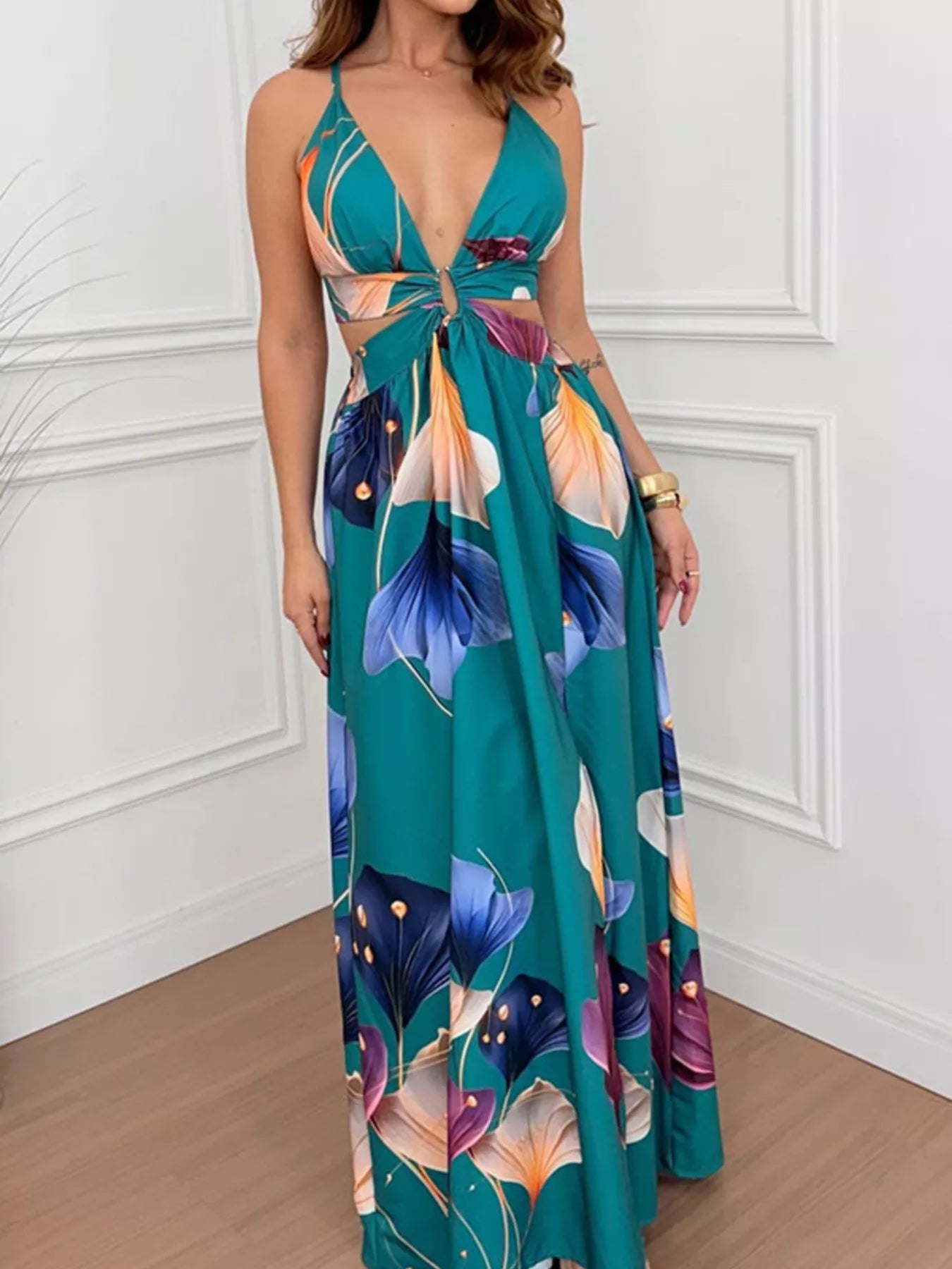 Tropical Print Plunge Cutout Slit Maxi Dress in teal with front waist knot and bold floral pattern
