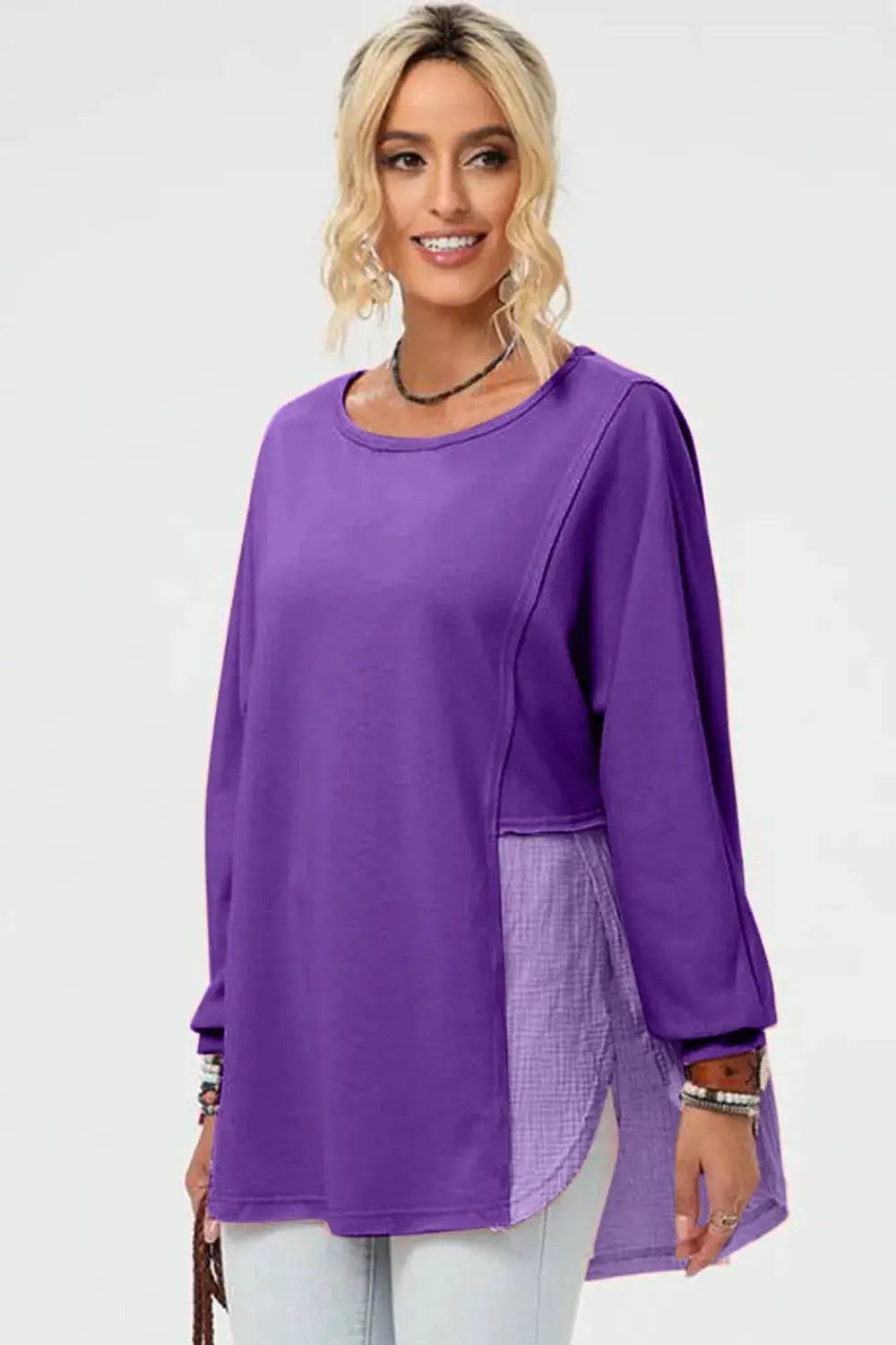 Double Take Full Size Long Sleeve High-Low T-Shirt in purple with side slit