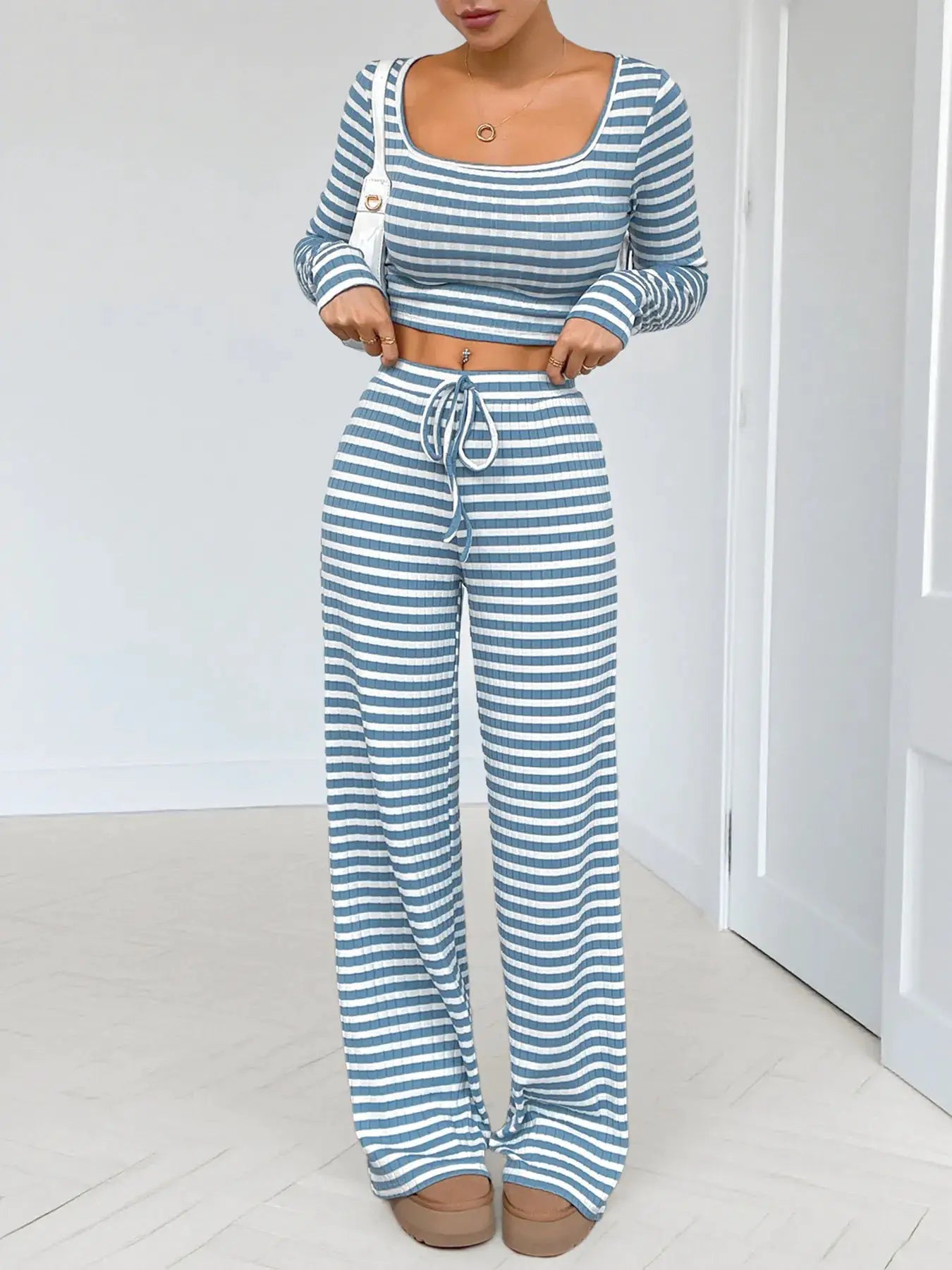 Belle Bijouix striped lounge set with square-neck long-sleeve top and drawstring pants in blue and white