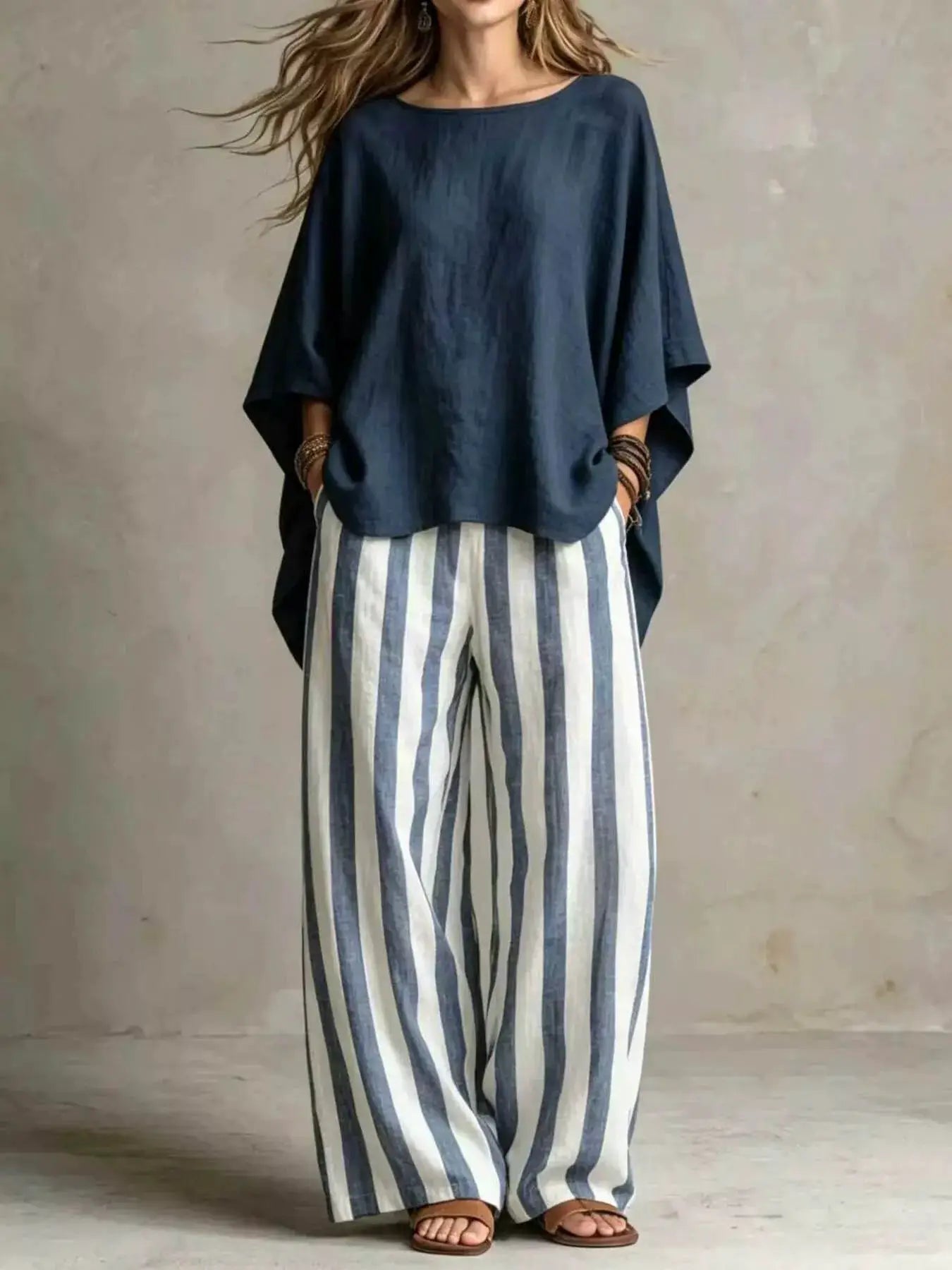 Belle Bijouix 2-piece plus-size outfit set: navy top with wide sleeves and white-blue striped pants