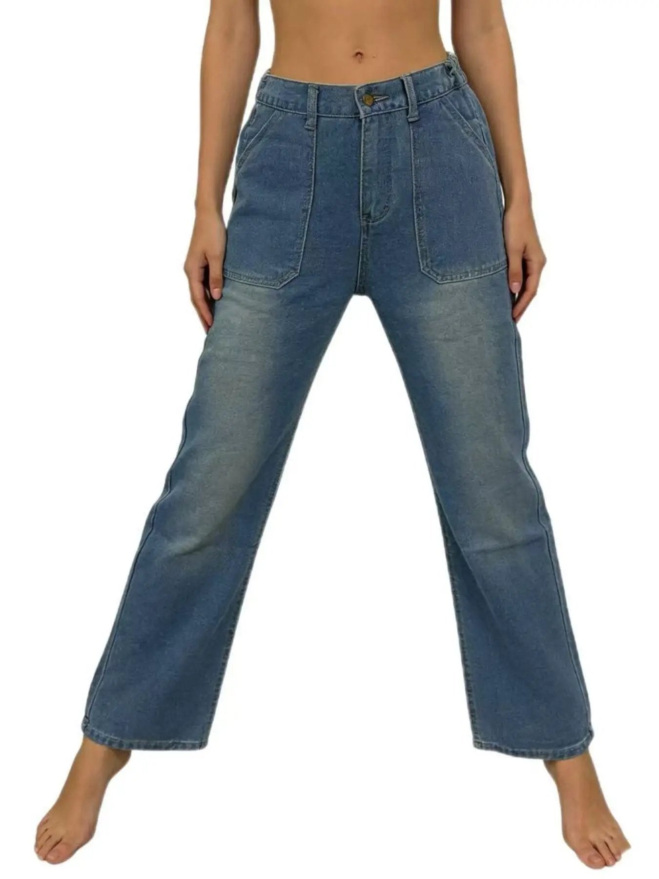 Wide Leg Contrast Stitching Jeans, blue denim with front pockets