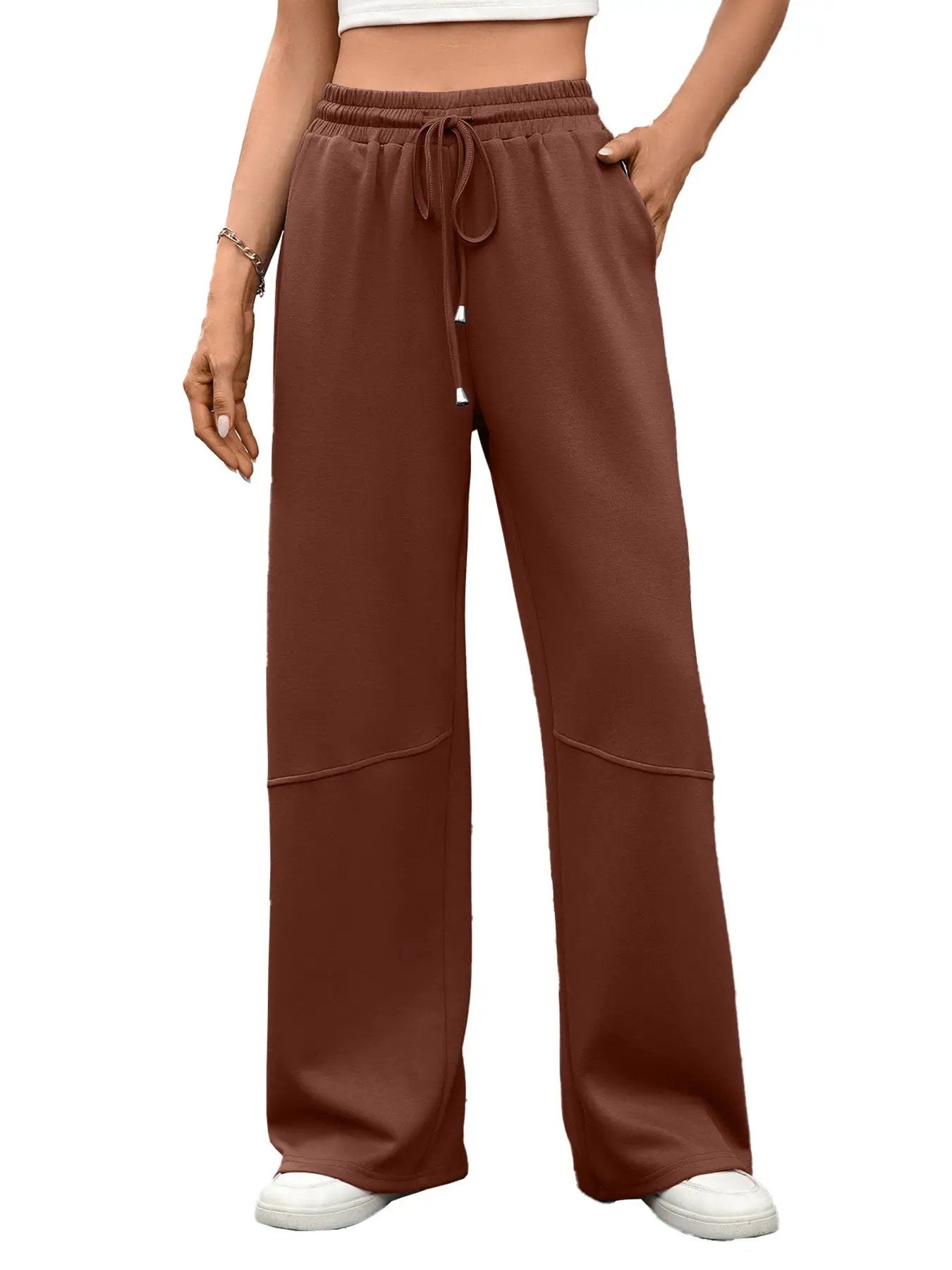 Drawstring high waist wide-leg casual pants in rust brown