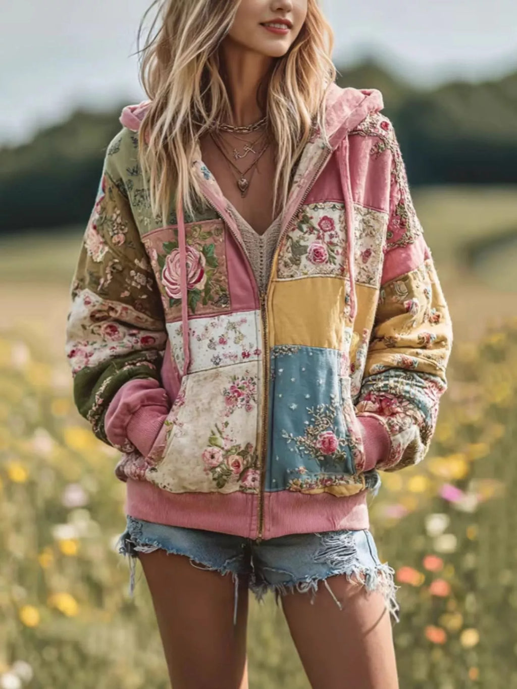 Drawstring Floral Zip-Up Sweatshirt