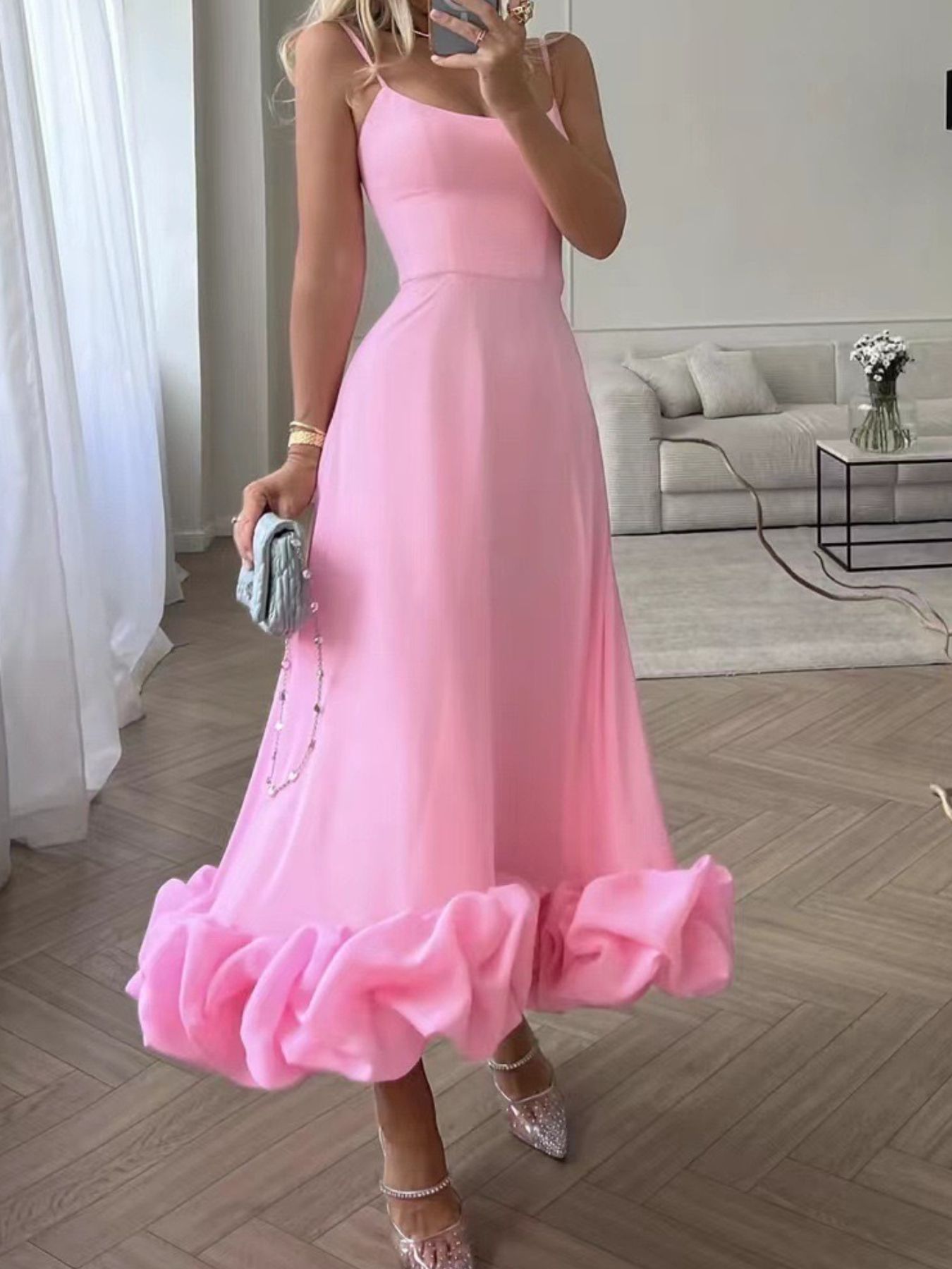 Ruffle Hem Scoop Neck Midi Dress by Trendsi in pink with spaghetti straps