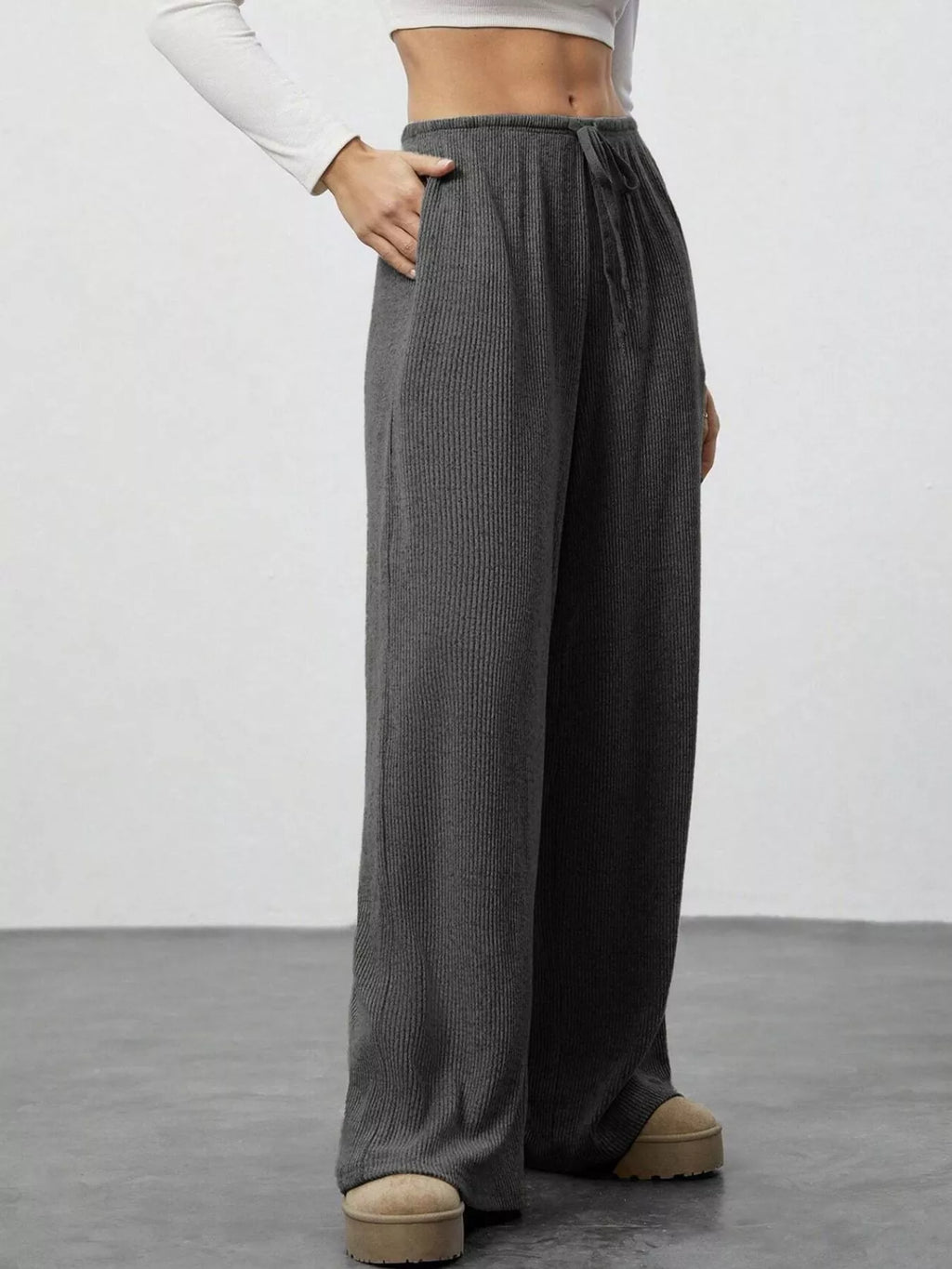 Relaxed Fit Drawstring Pants, gray ribbed-knit joggers with pockets and drawstring waist