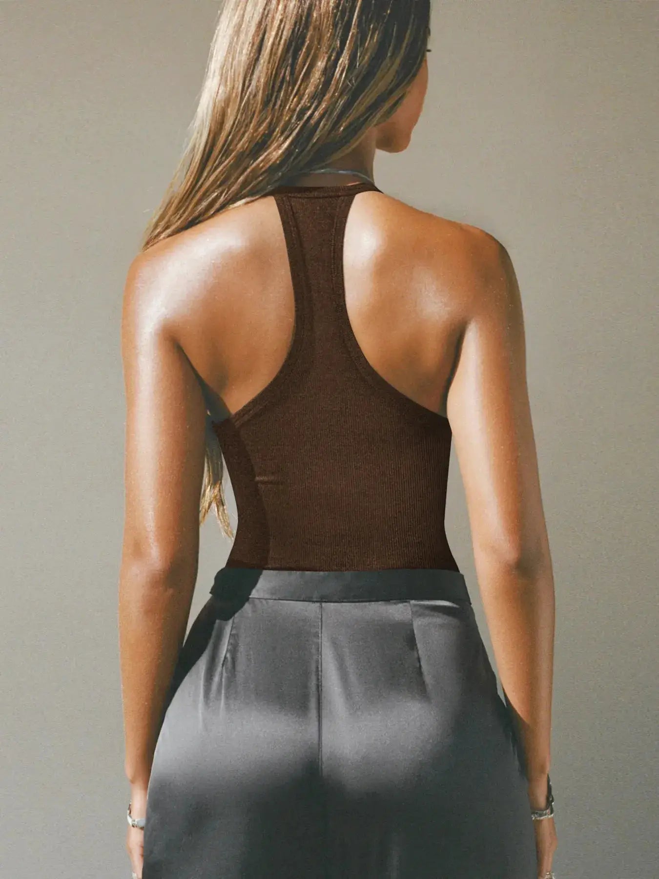Cutout Ribbed Tank Top by Belle Bijouix in brown knit; racerback design.