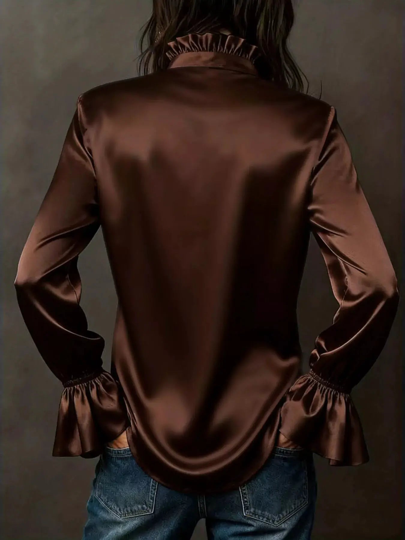 Button Up Flounce Sleeve Shirt by Belle Bijouix in copper satin; buttoned and ruched.