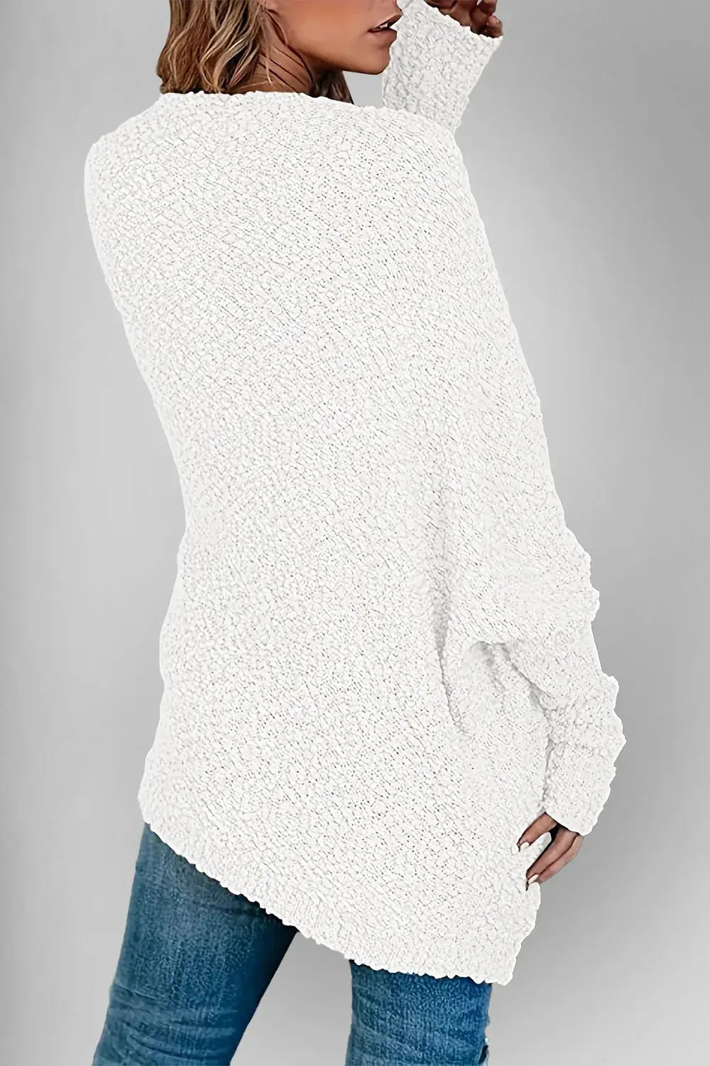 Double Take pocketed open-front long-sleeve cardigan, white sherpa-knit fabric.