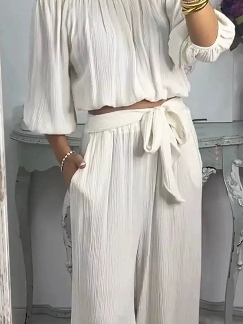 Full Size Off-Shoulder Top and Pants Set Belle Bijouix cream loungewear with a tied waist.