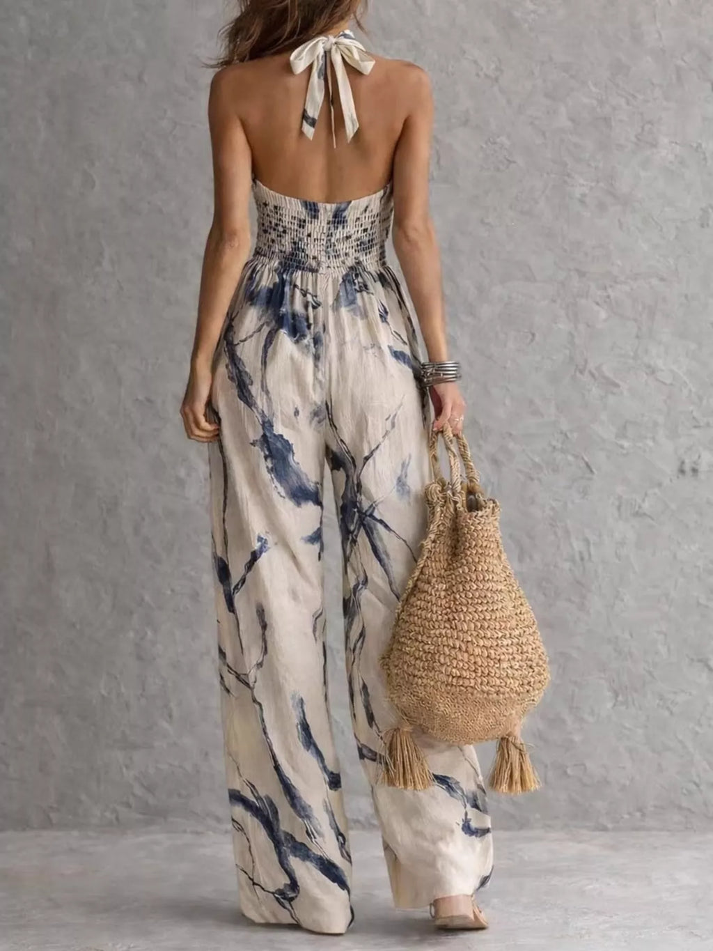 Ink Wash Print Halter Neck Wide-Leg Jumpsuit