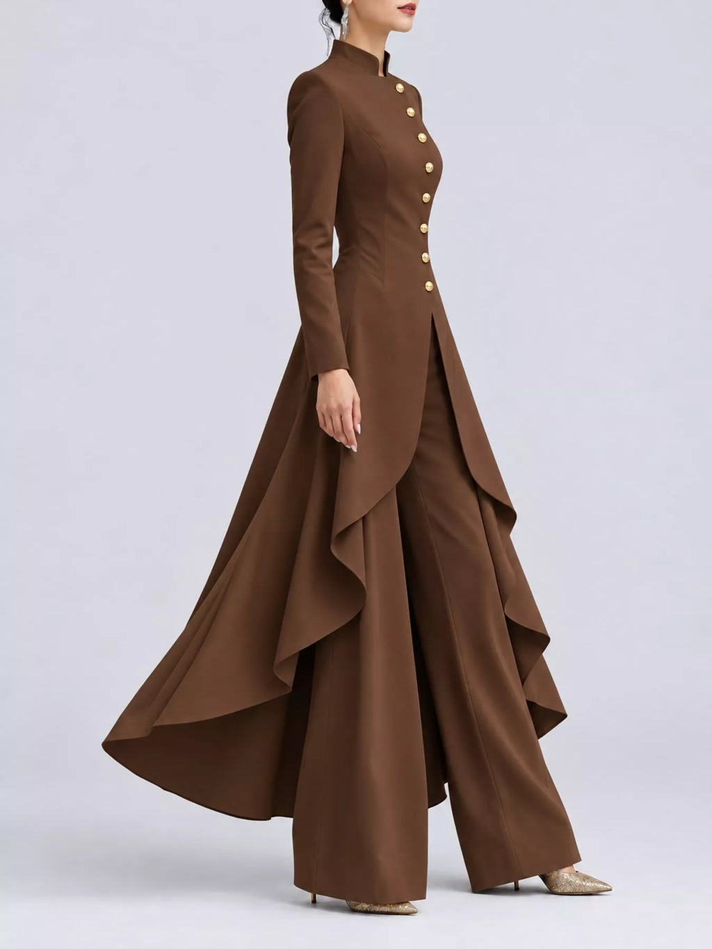 Ruffled High-Low Button Tunic & Wide-Leg Pants Set in Dark Brown by Belle Bijouix – view 49 of 82