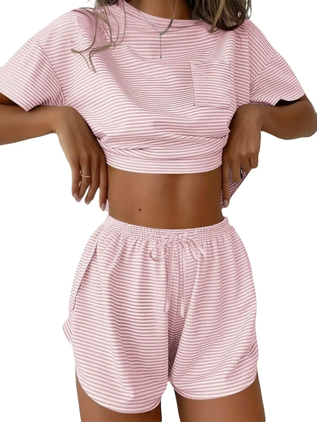 Printed round-neck tee and shorts set by Trendsi in pink and white stripes