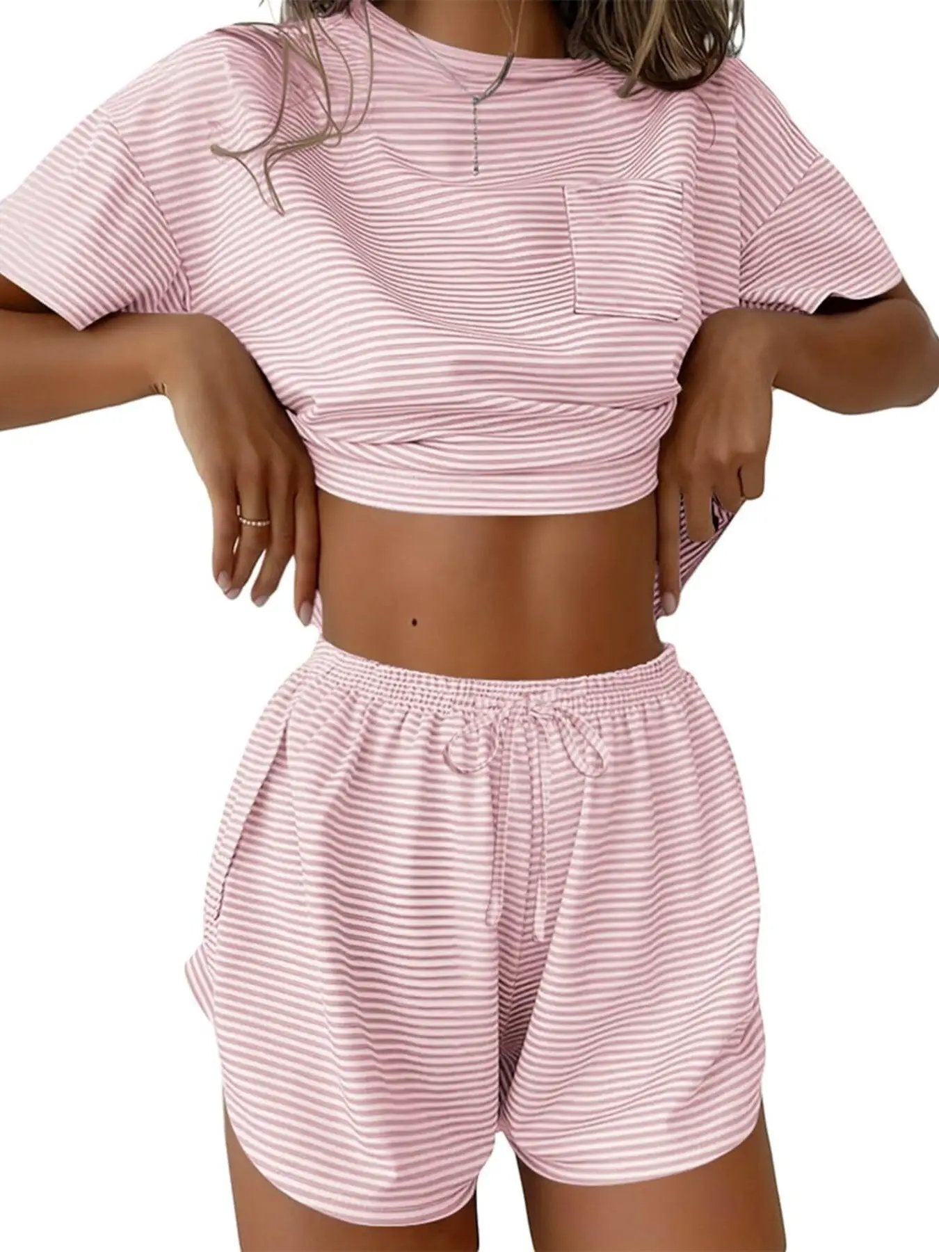 Printed round-neck tee and shorts set by Trendsi in pink and white stripes