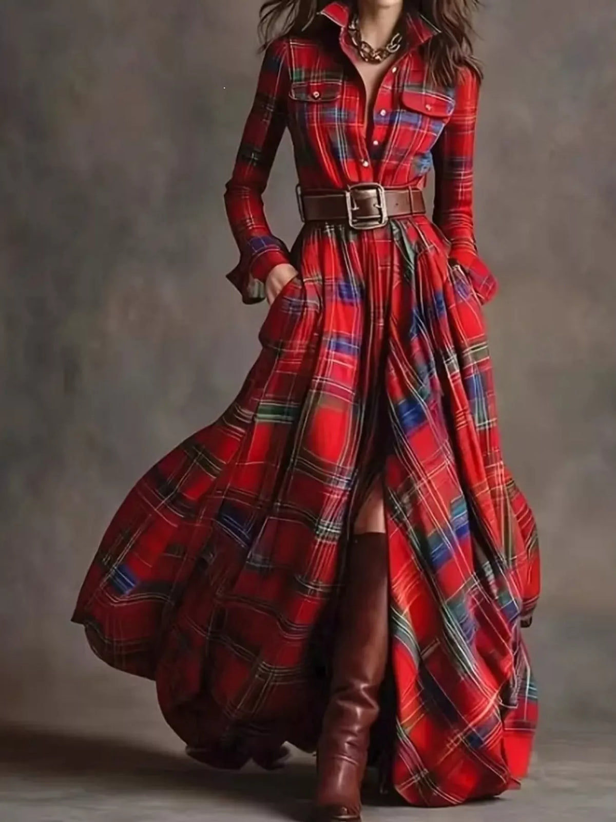 Belted Plaid Button-Down Maxi Shirt Dress in Christmas Red Plaid by Belle Bijouix – view 21 of 27