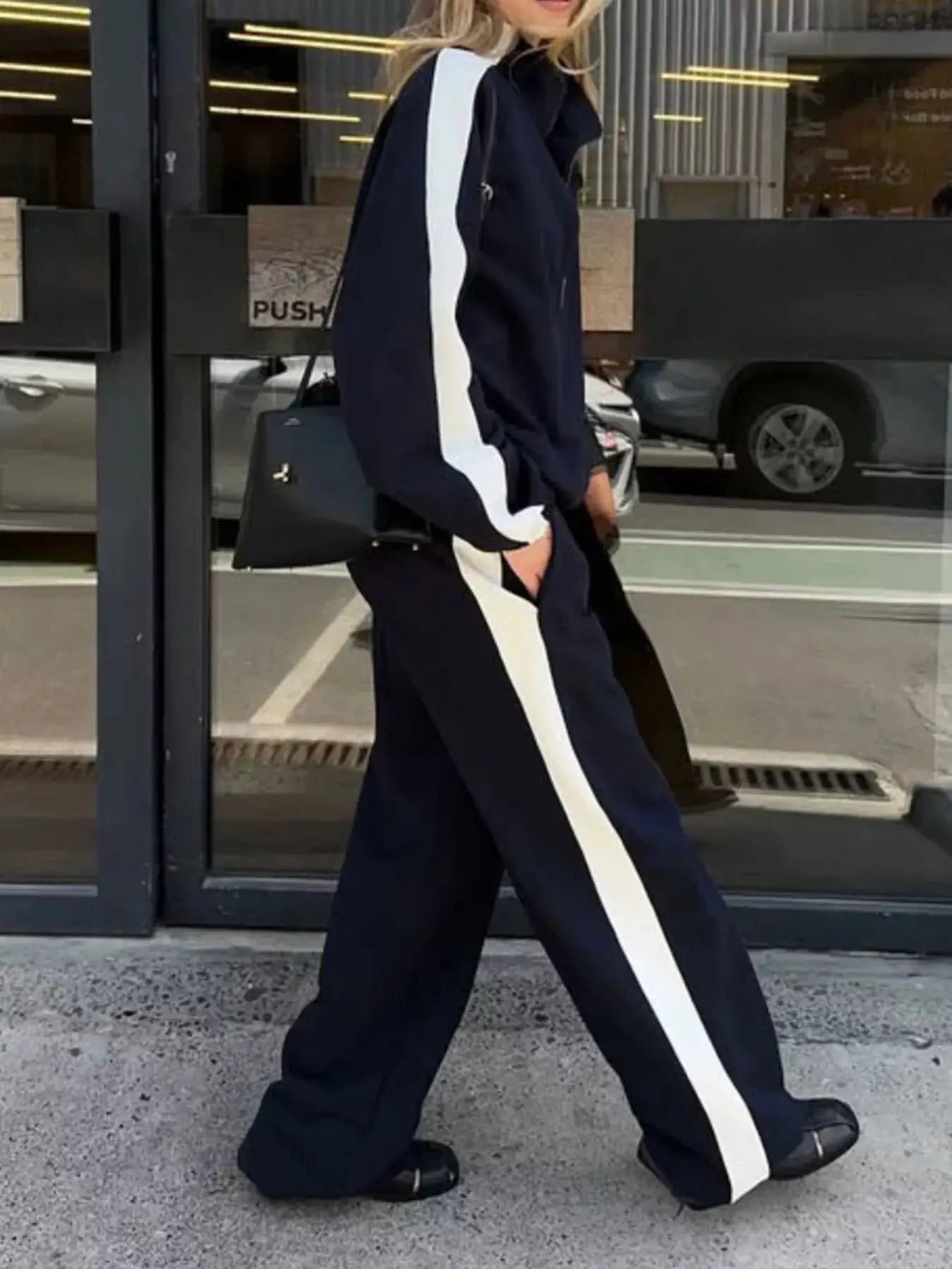 Two-Piece Zip-Up Navy Activewear Set with White Side Stripes