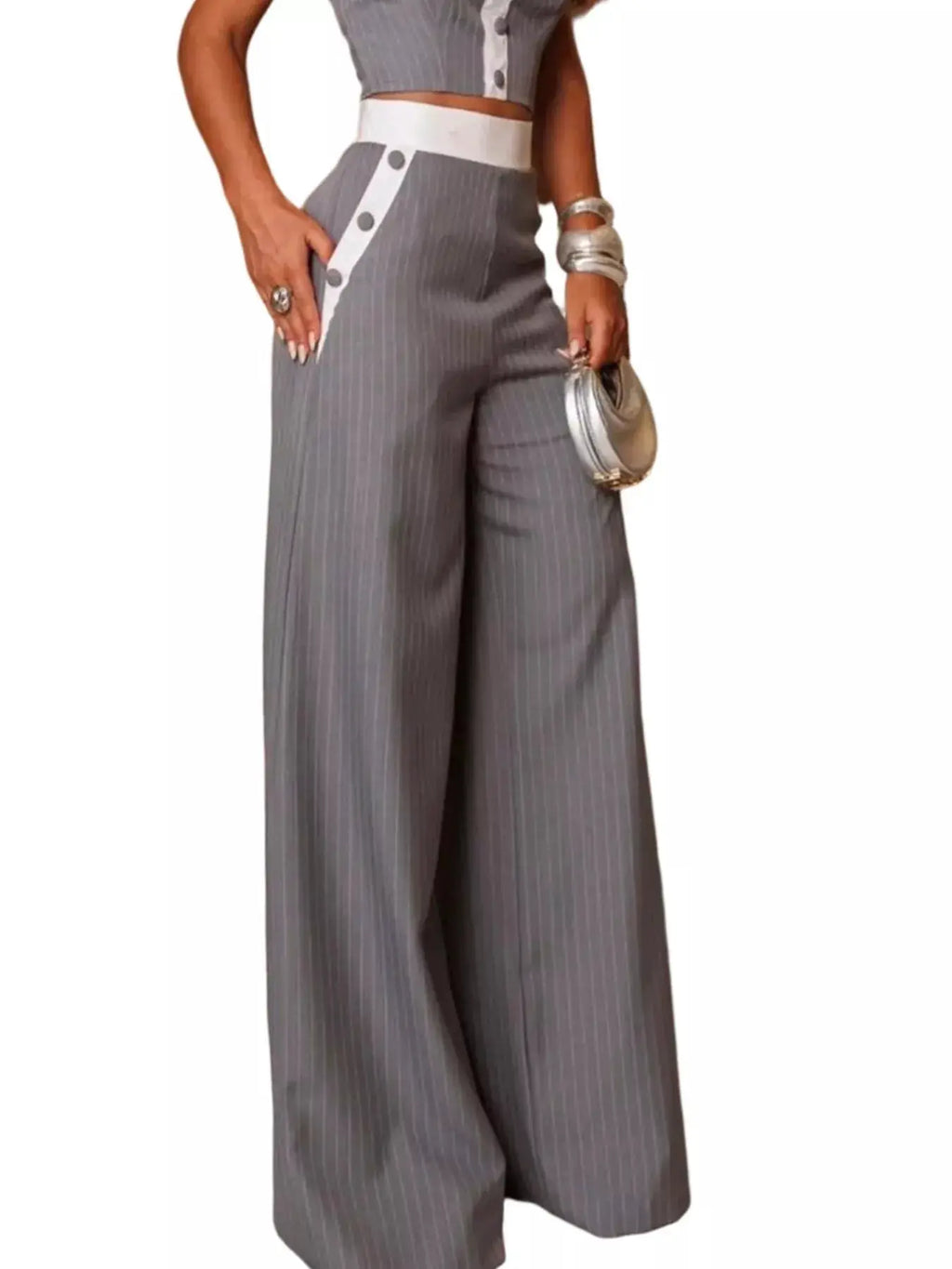 Striped strapless crop top and wide-leg pants outfit set with white waist belt