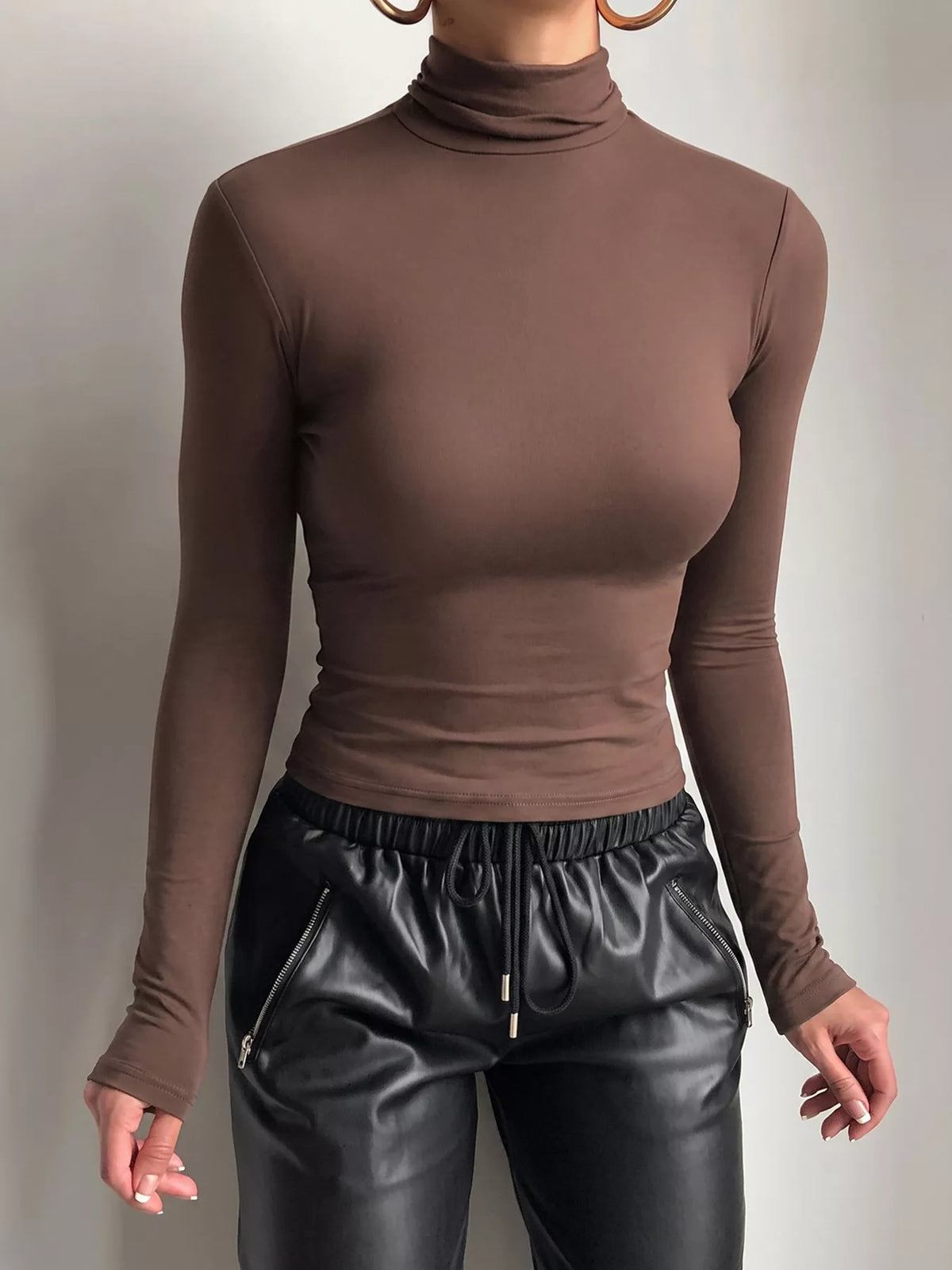 Polyester-Blend Mock Neck Long Sleeve Top