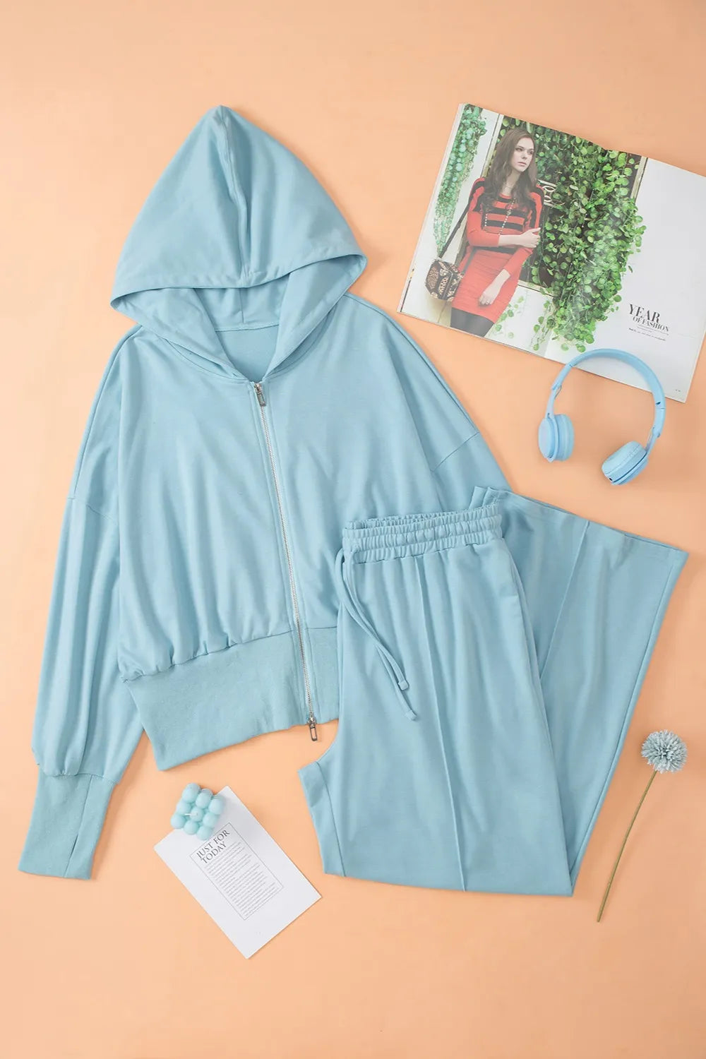 Zip-Up Hoodie and Pants Active Set in light blue by Bellebijouix; front zipper, drawstring waist