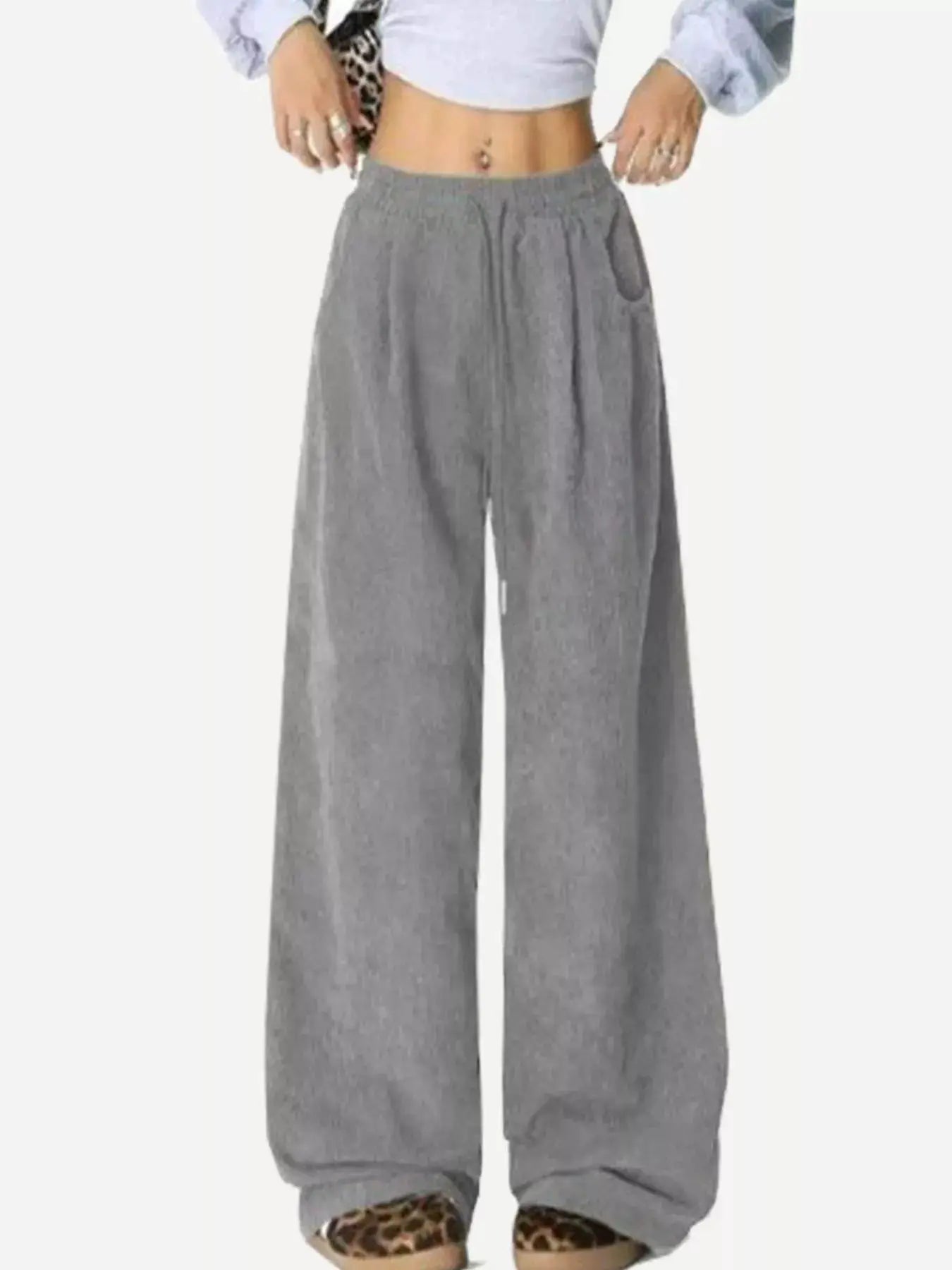 Casual Corduroy Wide Leg Pants, gray with drawstring and pockets, Belle Bijouix