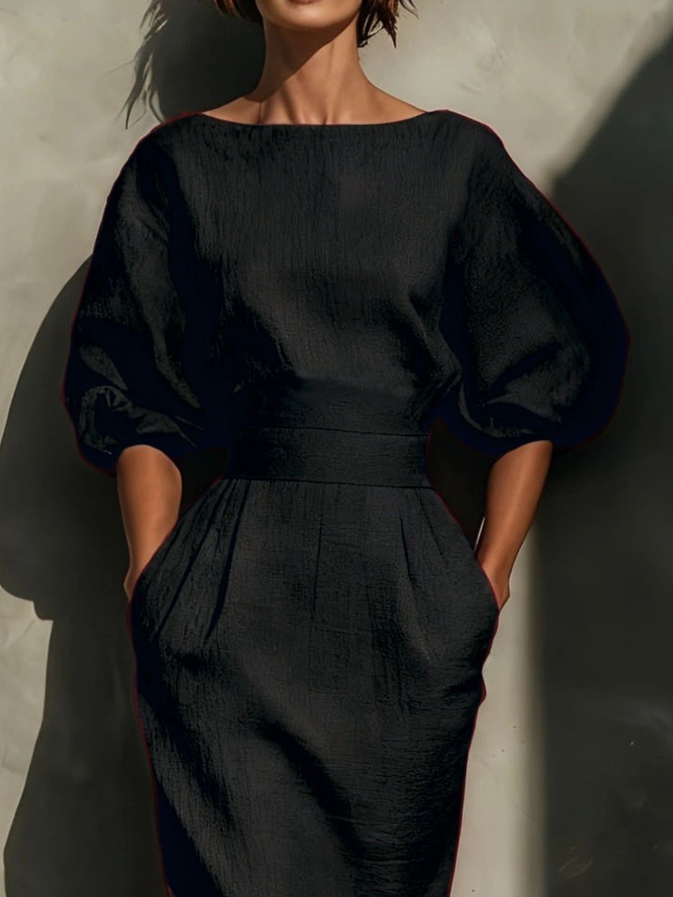 Round Neck Puff Sleeves Midi Dress in black textured fabric