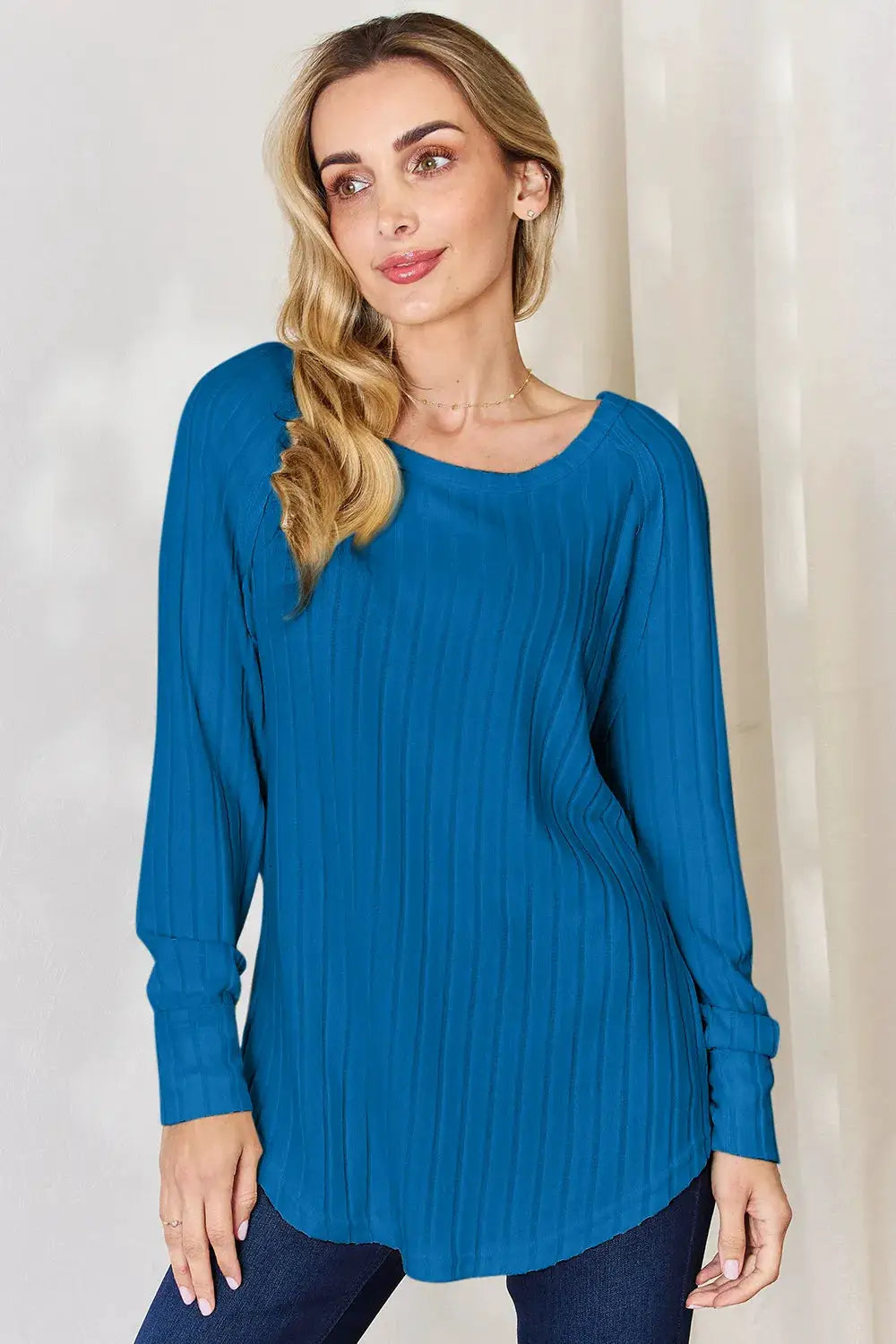 Belle Bijouix Basic Bae ribbed round-neck blue long-sleeve top