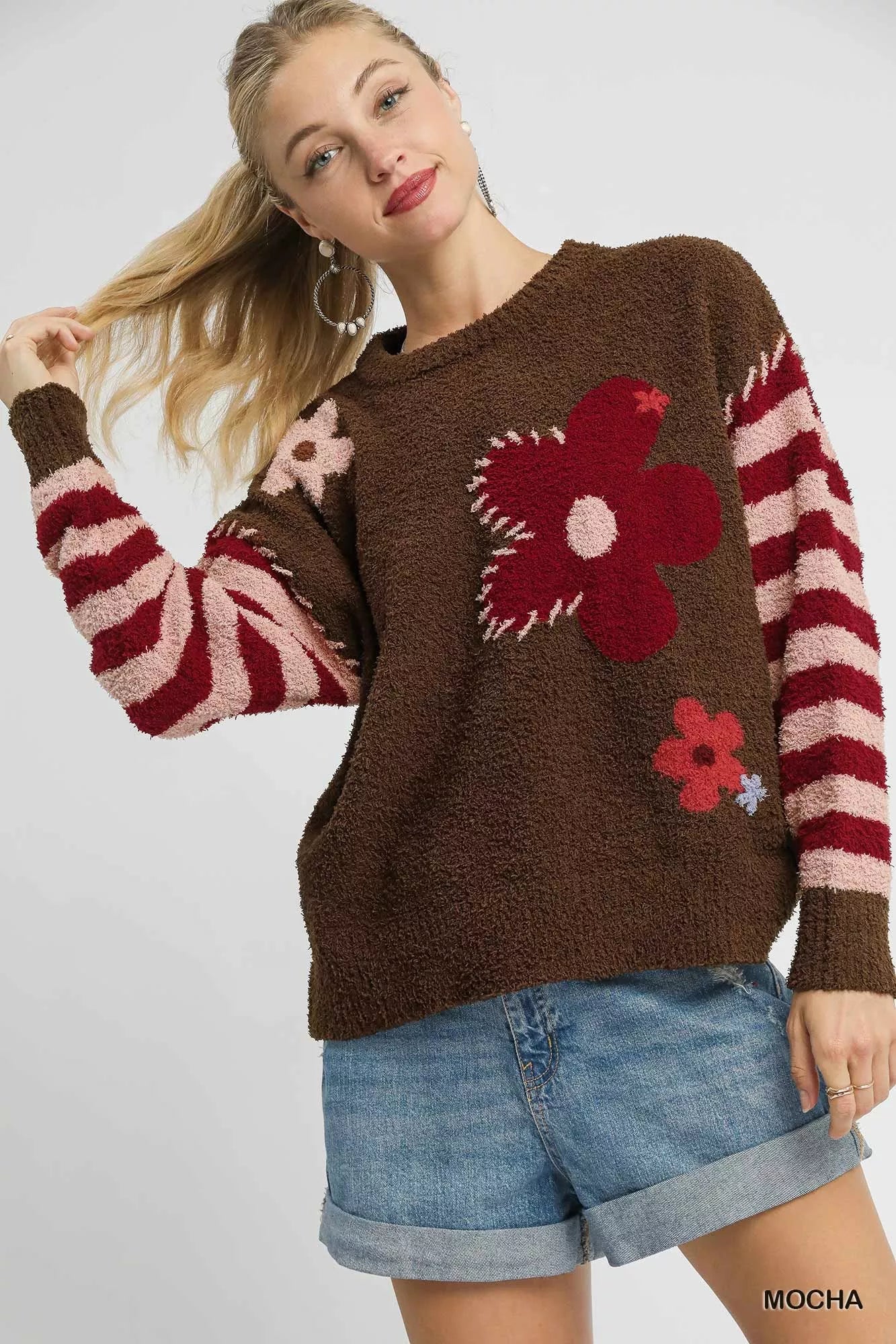 Umgee Flower Jacquard Striped Long Sleeve Sweater brown textured knit with red flower and pink striped sleeves