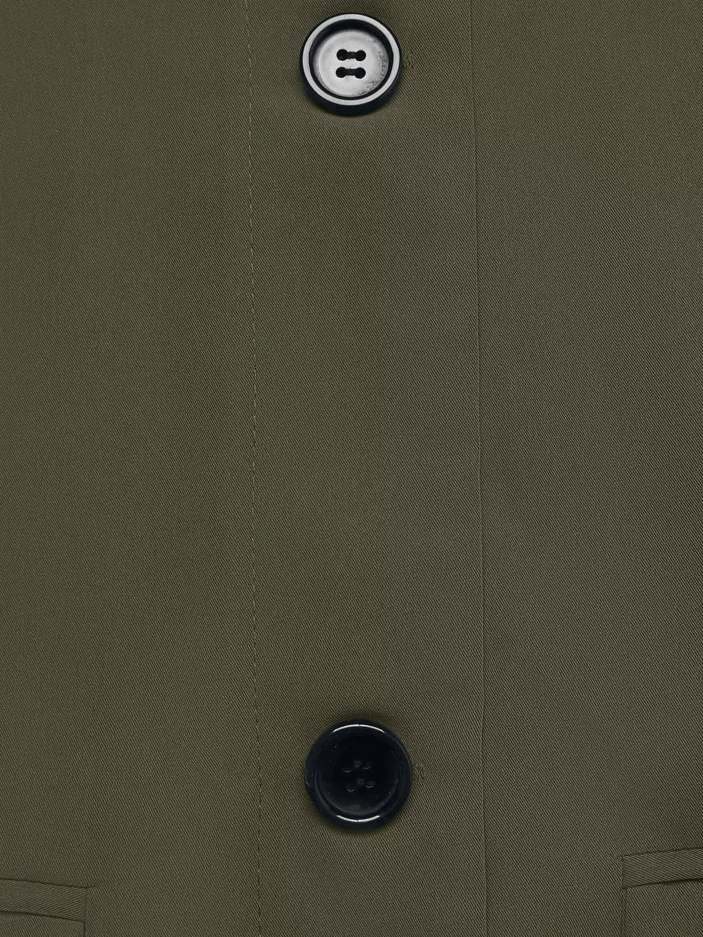 Contrast Collar Button Up Coat front close-up in olive green fabric with black buttons and pocket seams