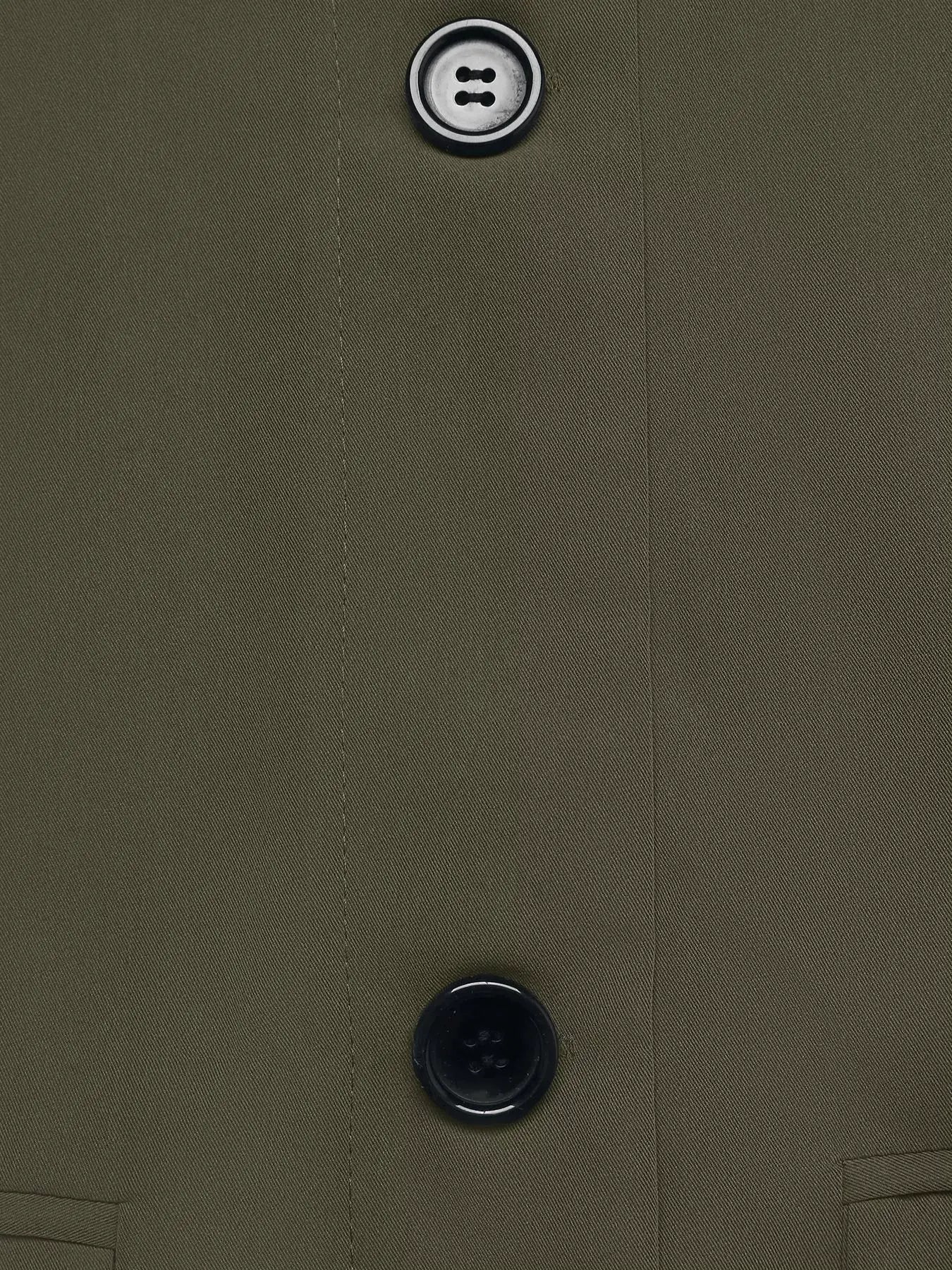 Contrast Collar Button Up Coat front close-up in olive green fabric with black buttons and pocket seams