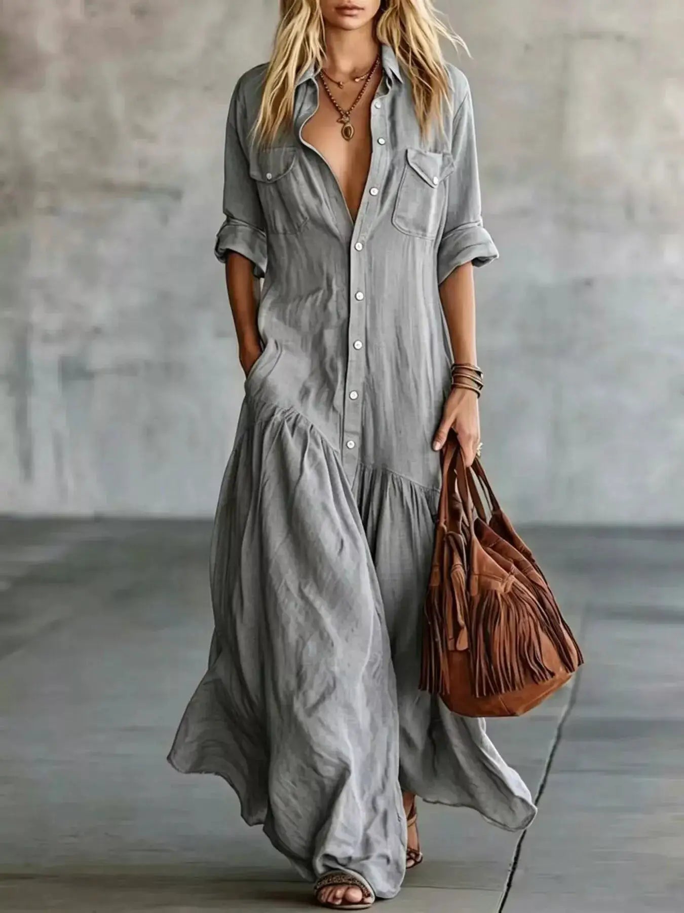 Plus-size maxi dress by Belle Bijouix with button front, roll-up sleeves, pockets in grey