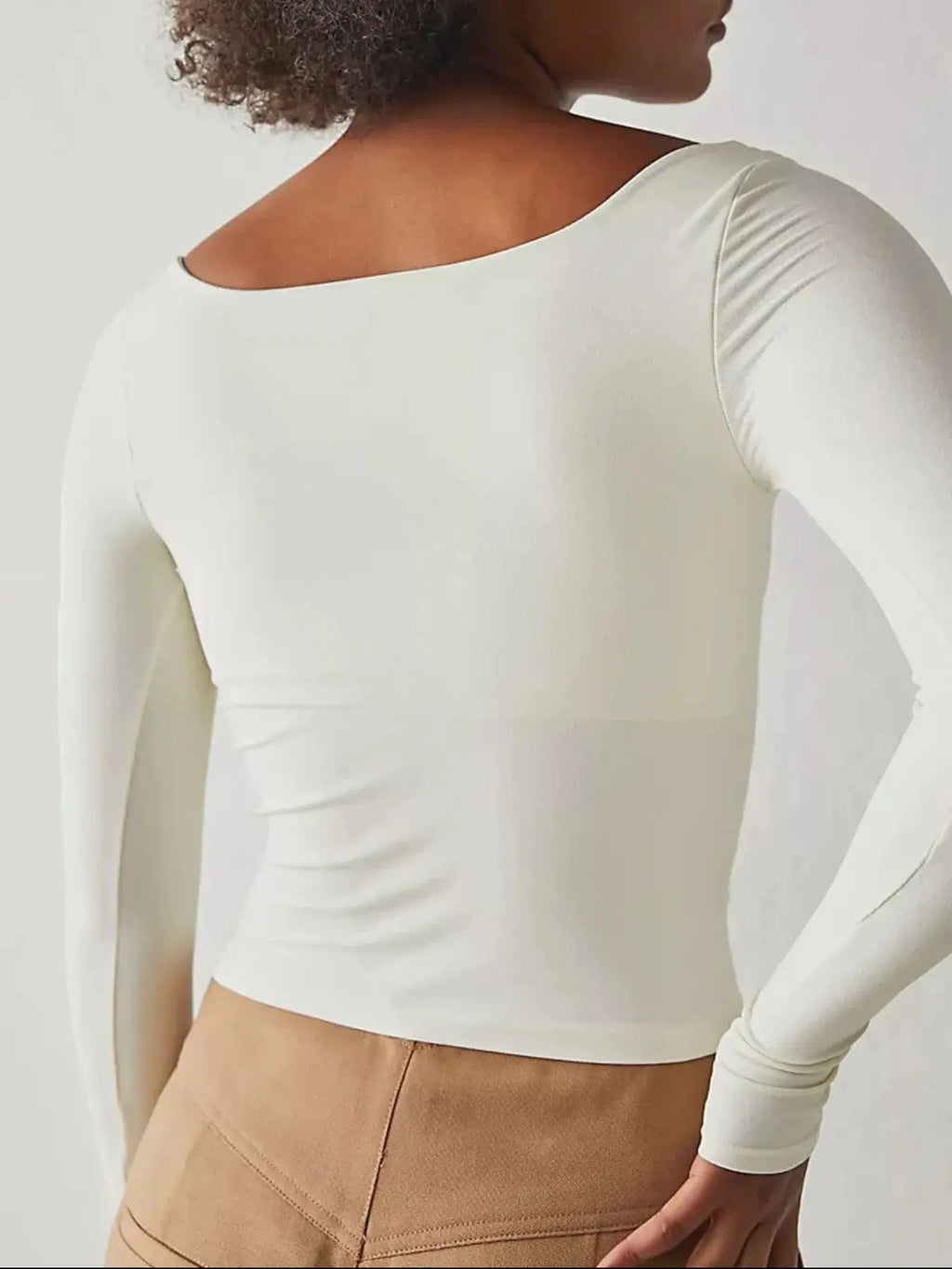 Square Neck Fitted Long Sleeve T-Shirt in white; sleek, close-fitting top for chic minimal looks