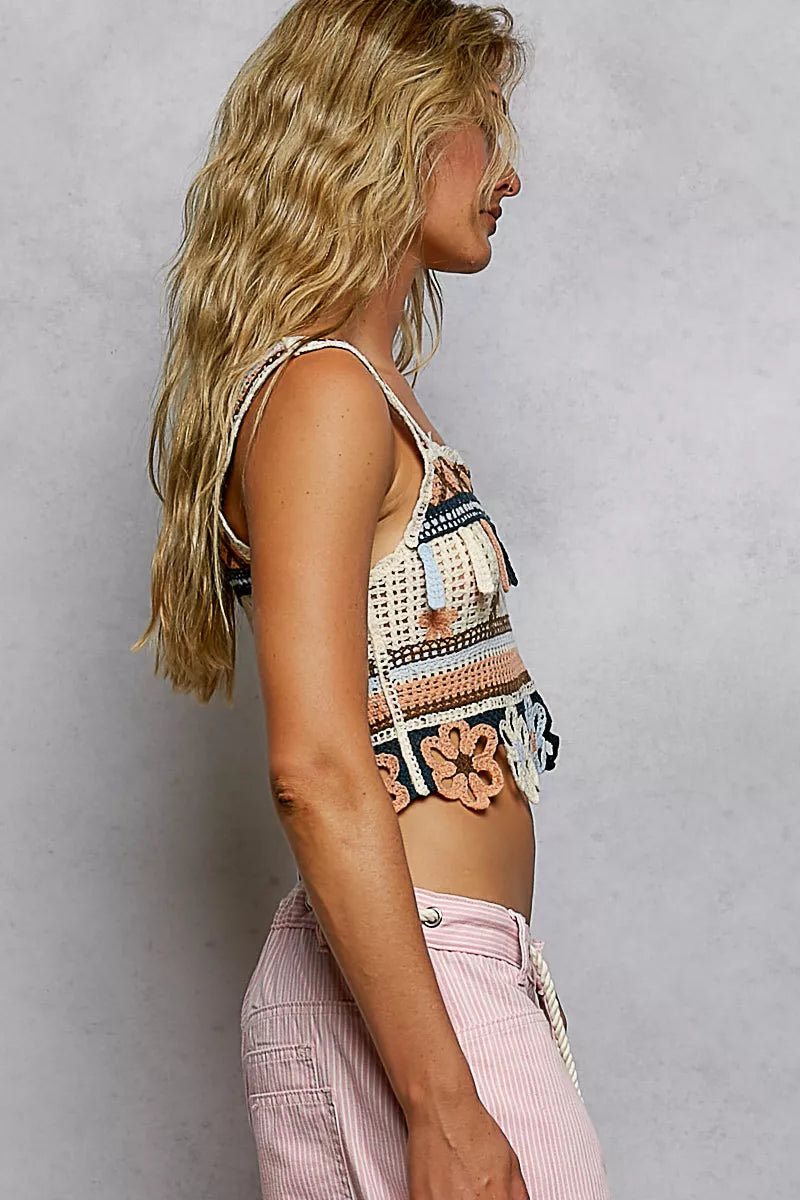 POL Cutout Flower Cropped Crochet Cami with Dangle Detail by Bellebijouix, cream and peach tones, crocheted straps