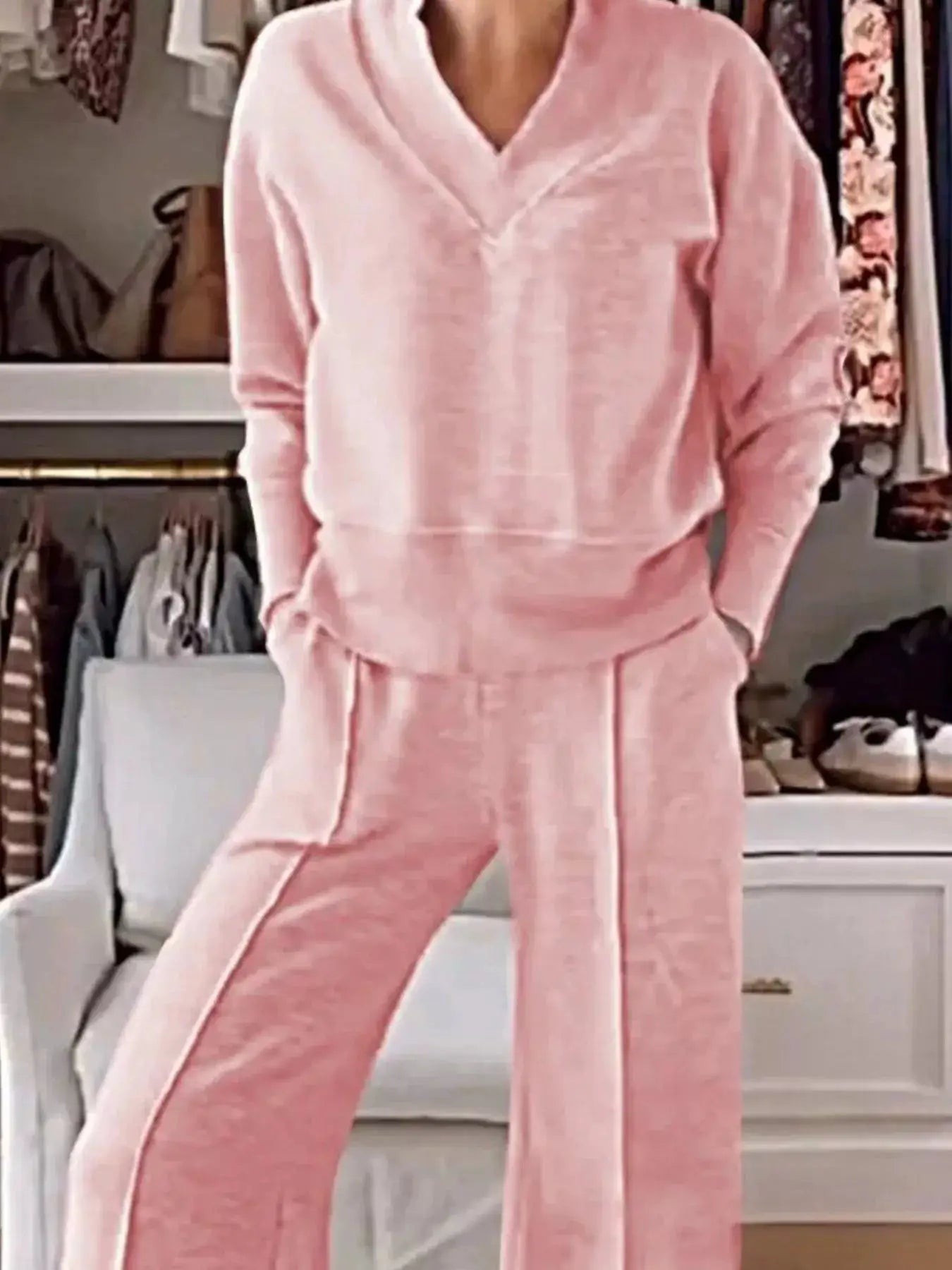 Full-Size Cozy V-Neck Top and Pants Set in pink by Belle Bijouix, plus-size loungewear with pockets and soft fabric