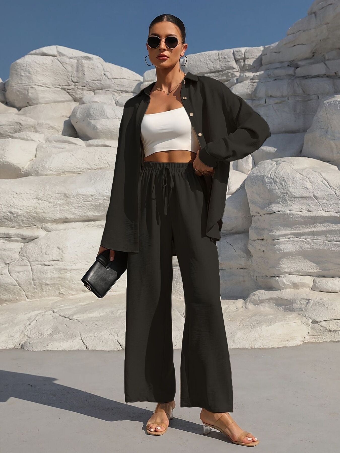 Button Up Long Sleeve Shirt and Pants Set in black with relaxed wide-leg pants.