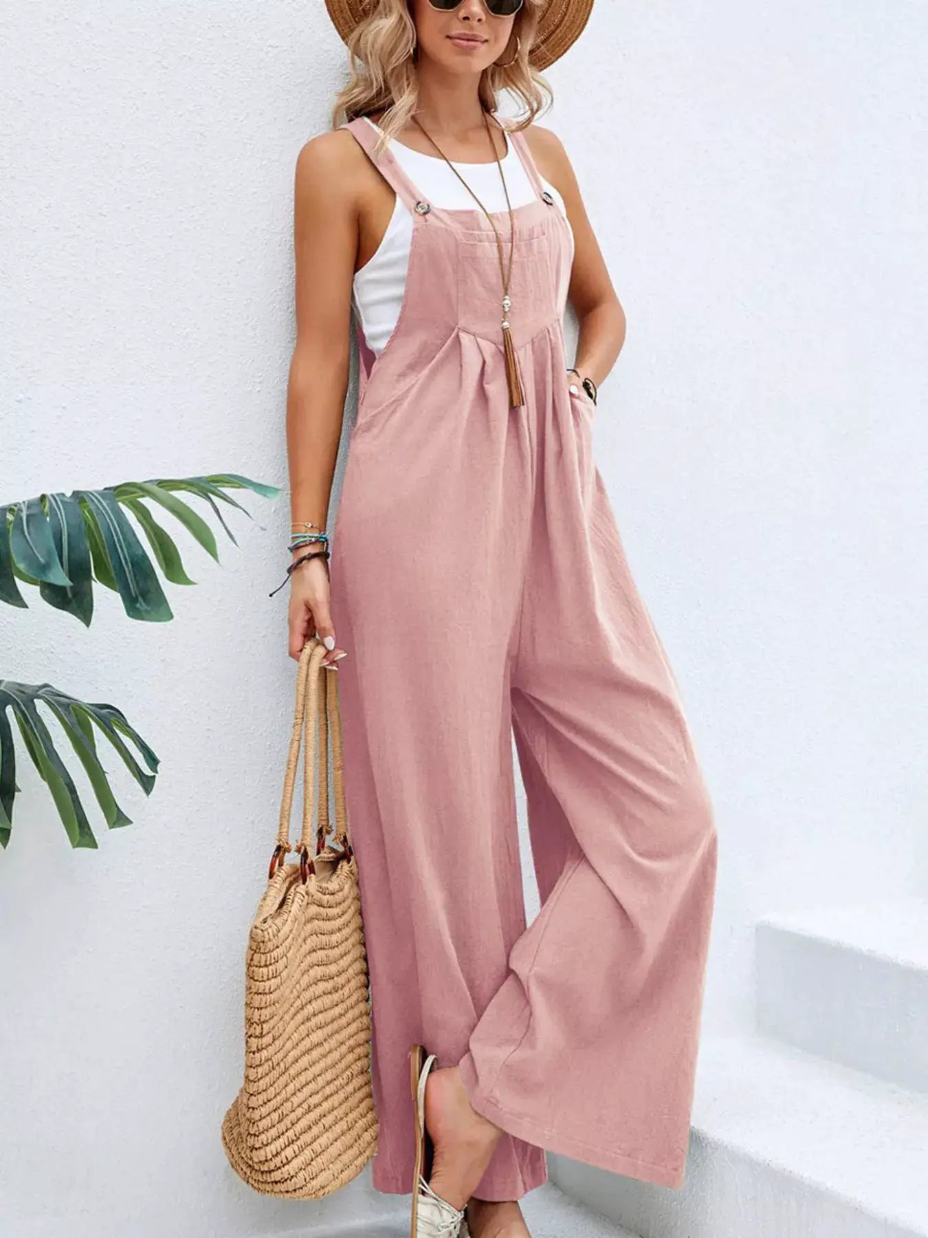 Overalls Belle Bijouix plus-size casual wide-leg with pockets, pink.