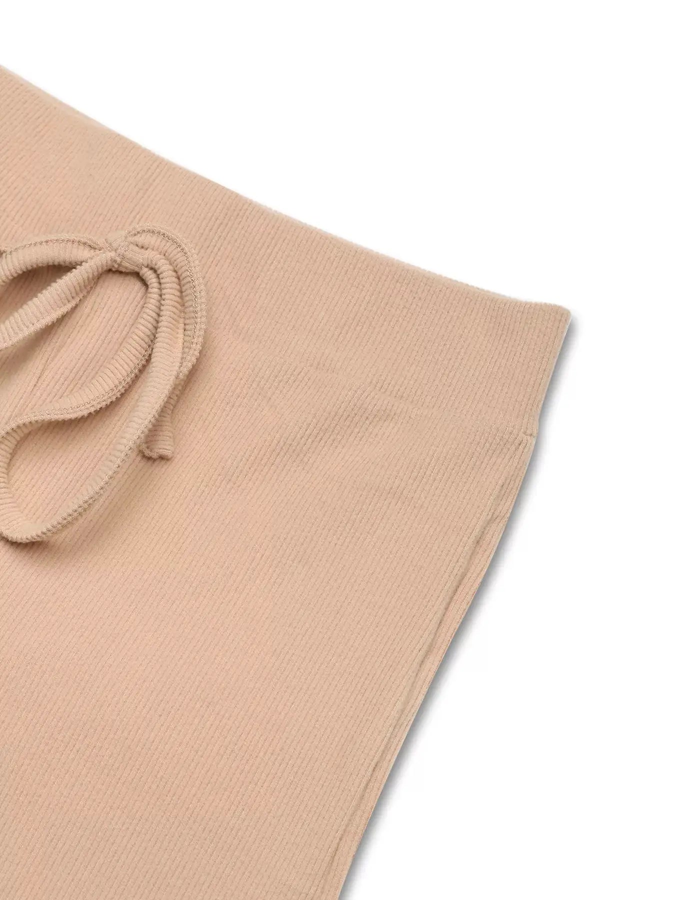 Long Sleeve Hoodie and Pants Set in beige ribbed knit with drawstring waist