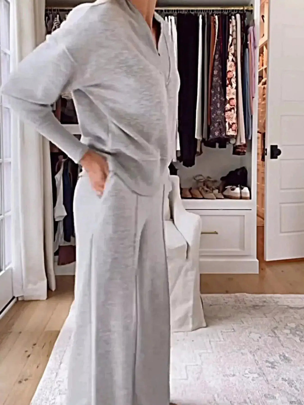 Belle Bijouix plus-size cozy gray v-neck top and pants lounge set with pockets