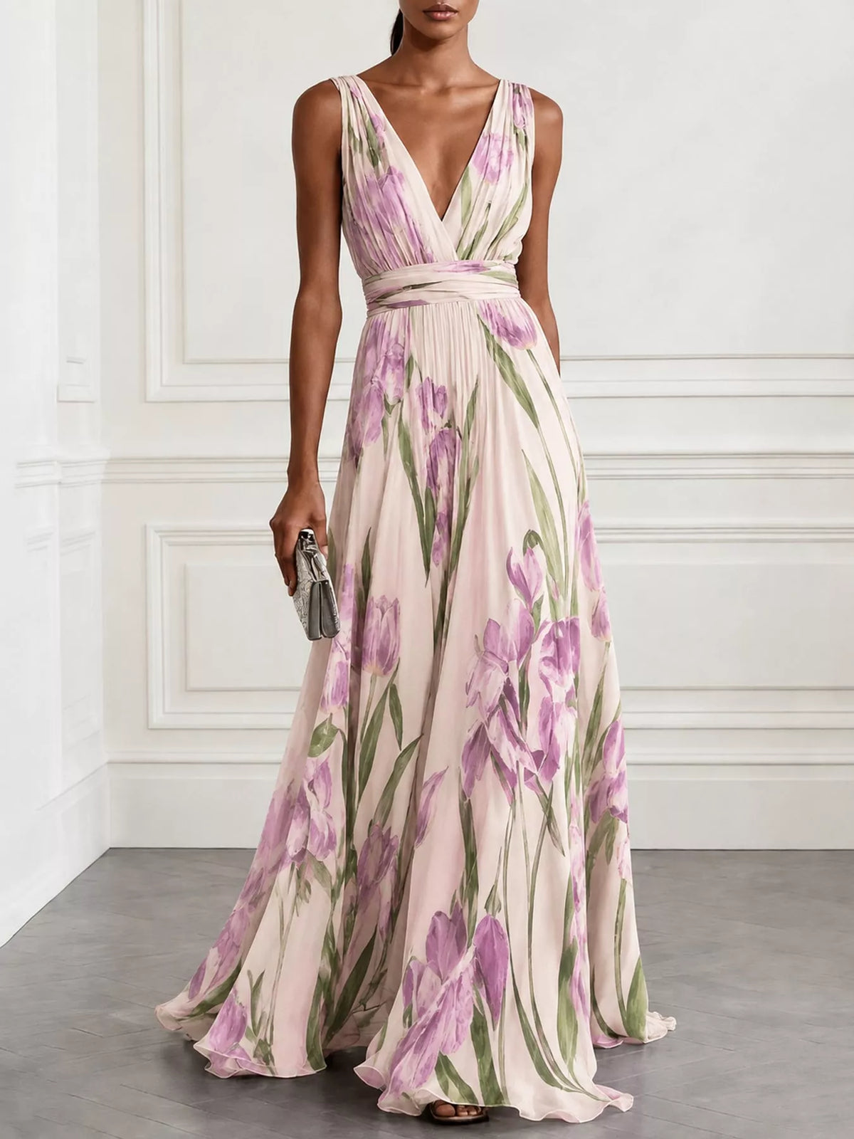 Sleeveless V-Neck Floral Maxi Dress in Light Pink by Belle Bijouix – view 26 of 37