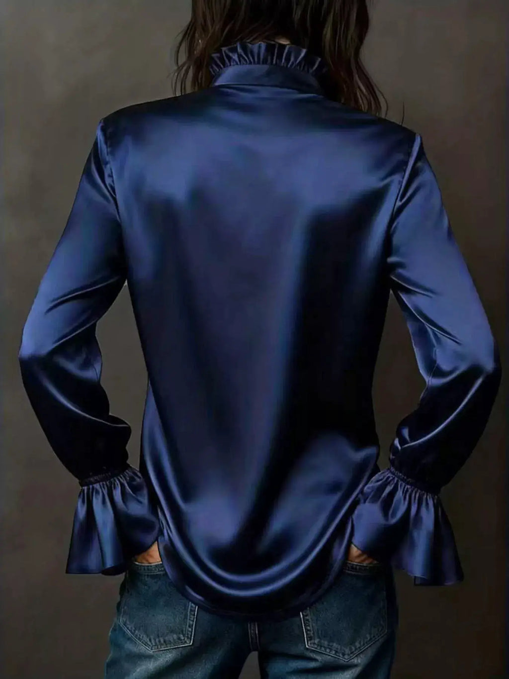 Button Up Flounce Sleeve Shirt by Belle Bijouix in blue satin with ruched cuffs
