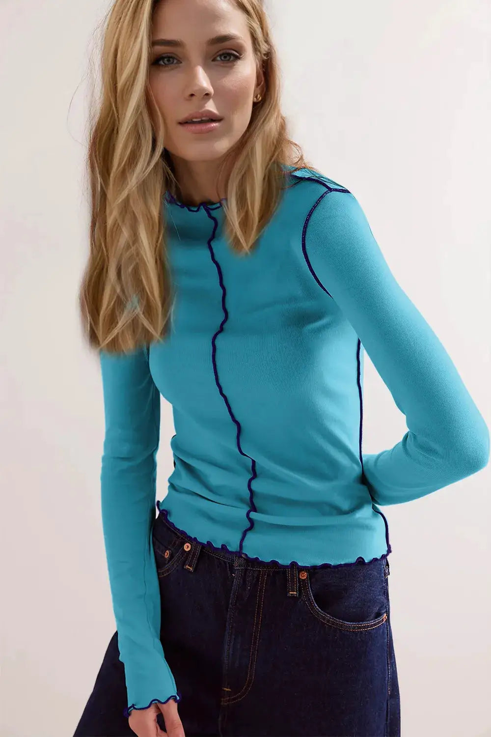 Top: Belle Bijouix Basic Bae teal mock-neck long-sleeve T-shirt with dark blue contrast trim