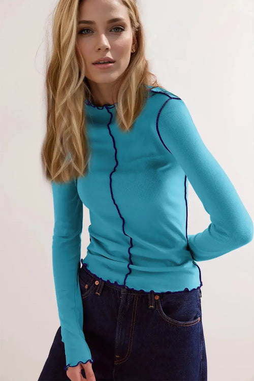 Top: Belle Bijouix Basic Bae teal mock-neck long-sleeve T-shirt with dark blue contrast trim