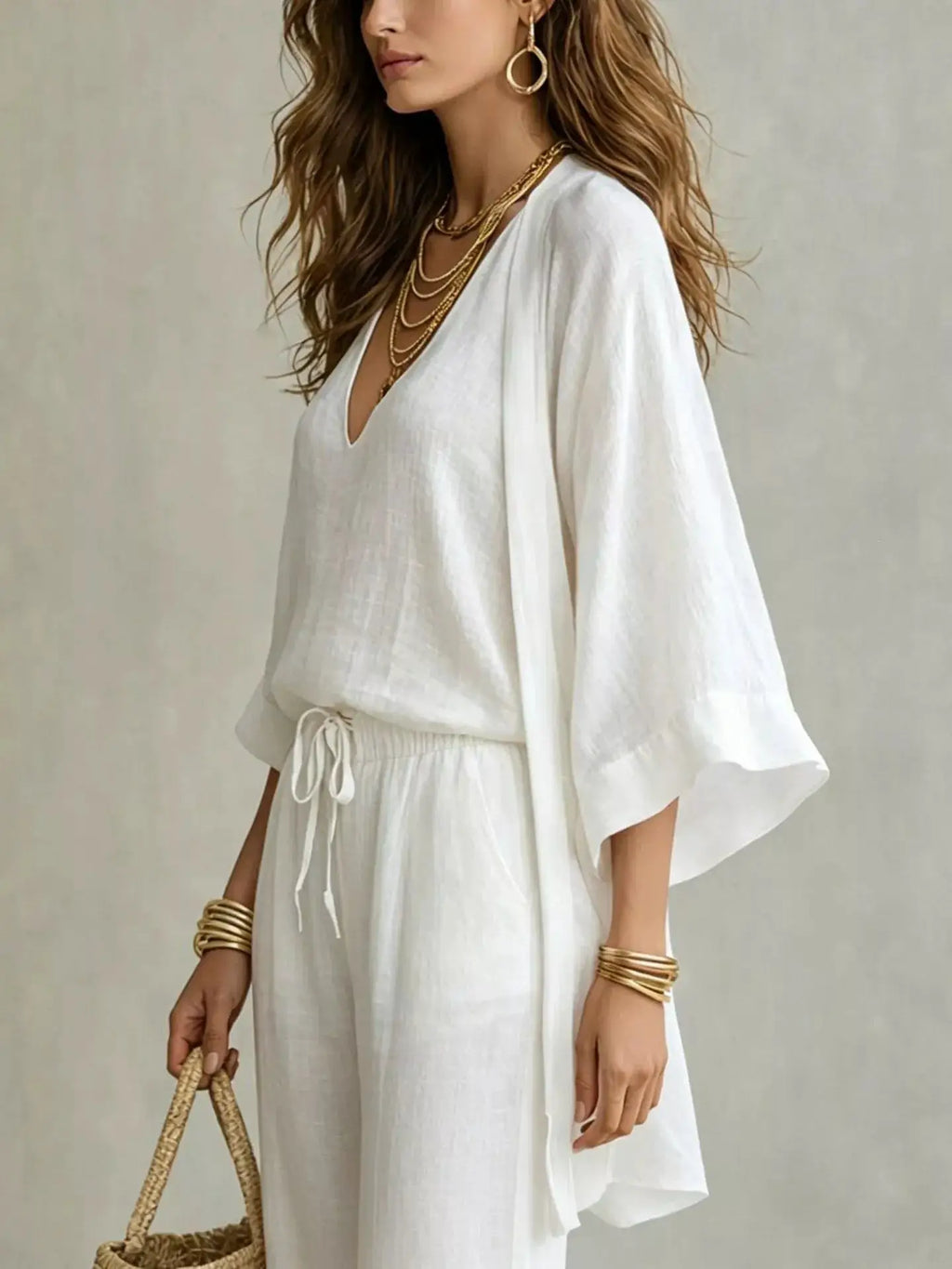Full Size V-Neck Tank, Cardigan & Pants Set Plus Size in white linen; 3-piece, loose-fit ensemble