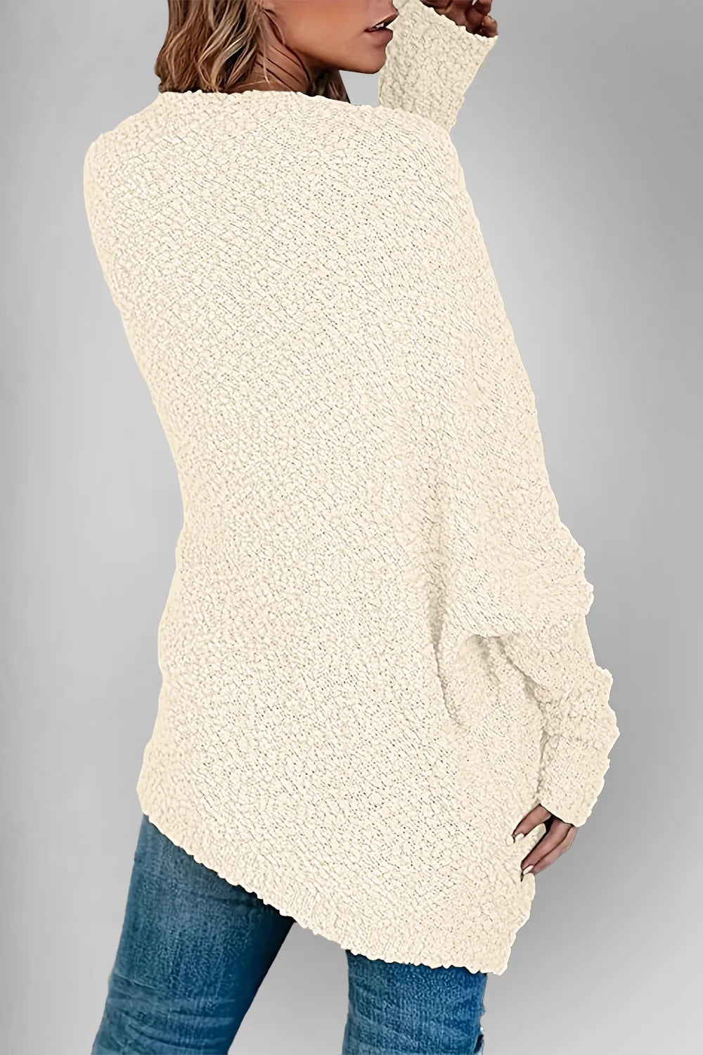 Double Take Pocketed Open Front Long Sleeve Cardigan in cream sherpa knit